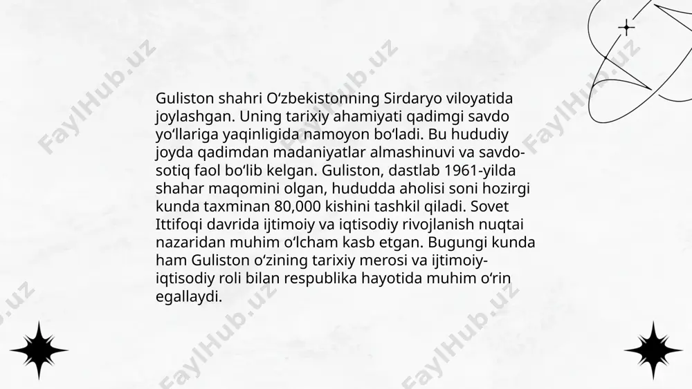 s shoiri sa'diyning mashhur asari hisoblanadi. ushbu asar arab tilidan o'zbek tiliga bir necha bor tarjima qilingan. tarjimalarni amalga oshirishda asosiy maqsad asarning mazmunini va badiiy go‘zalligini saqlab qolishdir. tarjimonlar orasida oʻzbekistonning yetakchi mutaxassislari bo'lgan. tarjimada she'riy shakllar va uslublar o'ziga xos tarzda yoritilgan. "guliston" nafaqat fors va arab xalqlari, balki o'zbek madaniy merosida ham muhim o'ringa ega. har bir tarjimada turli tafsilotlar va so'z tanlovlari bilan original asarning mazmuni yoritilgan. maqsad, ovozni asosan va aniq uzatishdir. ... t.me/slaydai_bot "guliston mutolaa doiralari" - bu o‘quvchilar va kitobxonlar uchun tashkil etilgan guruhlardir. ushbu doiralar 200 dan ortiq a’zo bilan faoliyat yuritadi. har bir doirada turli yoshdagi va kasbdagi odamlar ishtirok etadilar, asosan talabalar va ziyolilar. har oy o‘rtacha 3-4 ta muhokama o‘tkaziladi, mashhur asarlar va yangi nashrlar tahlil qilinadi. maqsad - kitobxonlik madaniyatini rivojlantirish va bilim almashishdir. har yili ijodiy konkurslar va seminarlar tashkil qilinadi. ishtirokchilar soni 2023-yilda 20% ga oshdi. …