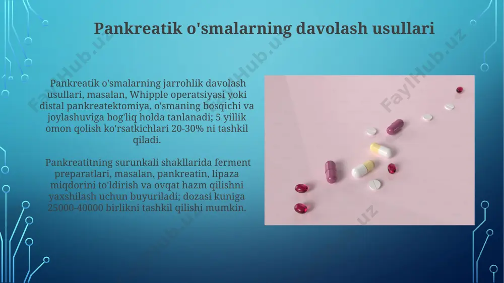mentlar pankreatik fermentlar tarkibida lipaza, amilaza va proteazalar kabi 3 ta asosiy ferment guruhlari bo'lib, ular yog'lar, uglevodlar va oqsillarni hazm qilishda muhim rol o'ynaydi. og'iz orqali qabul qilinadigan pankreatik fermentlar preparatlarining samaradorligi dozaga bog'liq bo'lib, odatda kuniga 20000 dan 40000 birlikgacha lipaza dozasini talab qilishi mumkin. xolegog agentlarining ta'sir mexanizmi xolegogik vositalar safro ajralishini 2-3 baravar oshirib, safro yo'llarining silliq mushaklarini bo'shashtiradi va shu bilan safro oqimini yaxshilaydi, bilirubin va xolesterolning chiqarilishini tezlashtiradi. xolegogik ta'sirga ega bo'lgan o't o'tlari ekstraktlari, masalan, siydik pufagi o'ti, safro kislotalari ishlab chiqarilishini rag'batlantiradi va 15-25% gacha safro hajmini oshiradi, shu bilan safro stasisini kamaytiradi. pankreatitning sabablari genetik omillar, masalan, prss1, spink1 va cftr genlaridagi mutatsiyalar, pankreatit rivojlanish xavfini 5-10 barobar oshirishi mumkin. pankreatitning 80% dan ortiq hollari o't toshlari va alkogol iste'moli bilan bog'liq bo'lib, yallig'lanish jarayonini qo'zg'atadi va o't yo'llarining obstruksiyasiga olib keladi. pankreatik fermentlarning yon ta'siri pankreatik ferment preparatlarini qabul qilish …