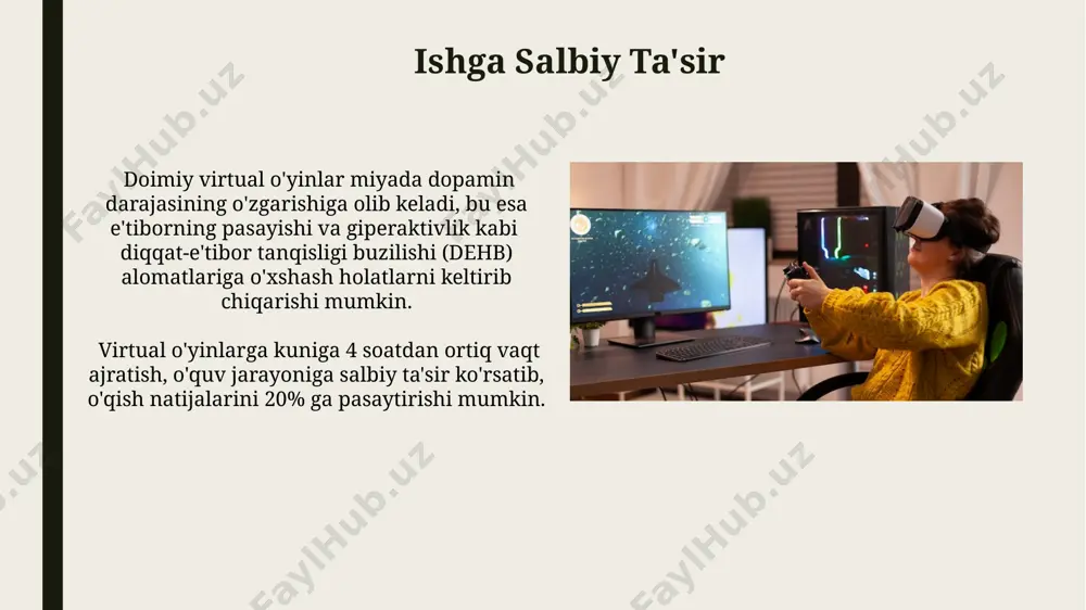 umkin. o'quv jarayoniga salbiy ta'sir virtual o'yinlardagi doimiy raqobat va yuqori talablar o'quvchilarning stress darajasini oshiradi, diqqatni jamlash qobiliyatini pasaytiradi va o'qishga bo'lgan motivatsiyani 15-20% ga susaytiradi. o'yinlarga haddan tashqari berilish o'quvchilarning o'qishga sarflaydigan vaqtini 30% ga kamaytirishi mumkin, natijada akademik ko'rsatkichlarning pasayishiga va bilim bo'shliqlarining paydo bo'lishiga olib keladi. virtual dunyodan haqiqiy hayotni farqlay olmaslik virtual dunyodagi muvaffaqiyatlar haqiqiy hayotdagi muvaffaqiyatsizliklarni qoplay olmasligi hissi, o'yinchi 70% vaqtini virtual olamga sarflab, real hayotdagi 30%ini e'tiborsiz qoldirishiga olib kelishi mumkin. o'yin ichidagi ijtimoiy aloqalar real hayotdagi munosabatlarni zaiflashtirishi, o'yinchining 50% dan ortiq vaqtini virtual do'stlari bilan o'tkazib, 20% kamroq vaqtini oilasi va do'stlari bilan o'tkazishiga olib kelishi mumkin. ko'zlarning charchoq va ko'rish muammolari o'yin davomida ko'zning tez-tez qimirlashi va yaqin masofaga qaralishi tufayli akkomodatsiya spazmi (ko'z mushaklarining spazmi) va diplopiya (ikki ko'rish) kabi muammolar yuzaga kelishi mumkin. ekrandan chiqadigan ko'k nur ko'zning retinasiga salbiy ta'sir ko'rsatib, ko'zning qurishiga va 5 soatdan …