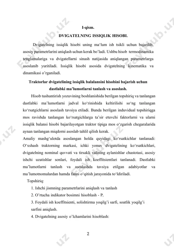 liy mashg‘ulotda asoslangan holda quyidagi ko‘rsatkichlar tanlanadi: o‘xshash traktorning markasi, ichki yonuv dvigatelining ko‘rsatkichlari, dvigatelning nominal quvvati va tirsakli valining aylanishlar chastotasi, asosiy ishchi uzatishlar sonlari, foydali ish koeffitsientlari tanlanadi. dastlabki ma’lumotlarni tanlash va asoslashda tavsiya etilgan adabiyotlar va ma’lumotnomalardan hamda fanni o‘qitish jarayonida to‘ldiriladi. topshiriq: 1. ishchi jismning parametrlarini aniqlash va tanlash 2. o’rtacha indikator bosimni hisoblash - pi 3. foydali ish koeffitsienti, solishtirma yoqilg’i sarfi, soatlik yoqilg’i sarfini aniqlash. 4. dvigatelning asosiy o’lchamlarini hisoblash: porshen diametri – d porshen yo’li – s 5. dvigatelning issiqlik balansi yakuniy tenglamasini issiqlik ko’rinishlarda ifodalash. 6.hisob natijalarini jadval tuzib to’ldirish va xulosa, xotima yozish issiqlik hisobi so’rish jarayonini hisoblash uchun quyidagi kattaliklar tanlanadi: ε,ta ,t0 ,ηts ,tch , rch ,α ε - siqish darajasi (topshiriqdan olinadi) ε = 17 t0- atmosfera temperaturasi t0 = 2730k. ta- tsilindr ichidagi havoning temperaturasi ta= t0 + ∆t = 273 + 12 = 2850 k ∆t=10…….15 …
