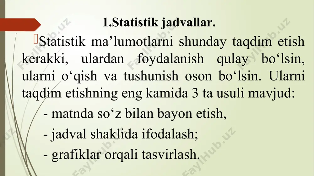 ma’lumotlar tegishli davrlar yozilgan bo‘ladi. jadvalning ega qismida o‘rganilayotgan obyektning muhim bir belgisi bo‘yicha gruppalash amalga oshirilgan bo‘lsa, bunday jadval gruppaviy jadval deyiladi. kombinatsion jadval – bu ega qismida obyektlarni ikkita va undan ortiq belgilari asosida guruhlash natijalarini aks ettiradigan jadvaldir. ayrim paytlarda voqea va hodisalarni bir belgisi bo‘yicha guruhlaganda ularni to‘liq o‘rganishning iloji bo‘lmaydi. bunday paytda voqea va hodisalar ikki va undan ortiq belgisi asosida guruhlarga ajratilib o‘rganiladi. buning uchun, avval o‘rganilayotgan hodisa to‘plami bir belgisi bo‘yicha, keyin har qaysi guruh boshqa belgi bo‘yicha kichik guruhchalarga ajratiladi. bunday guruhlash natijalari asosida kombinatsion jadvallar tuziladi. 3. grafiklar haqida tushuncha, statistikada ularning roli va ahamiyati grafik – bu statistik ma’lumotlarni ta’sirchan va jozibali qilib tasvirlaydigan geometrik shakldir. statistik ma’lumotlarni keng omma uchun tushunarli, ta’sirchan, diqqatga sazovor va lo‘nda qilib bayon etish juda muhimdir. grafik usuli ana shu maqsad uchun xizmat qilib, amalda keng qo‘llanadi. statistikada grafiklar deganda ijtimoiy hayot haqidagi ma’lumotlarni …