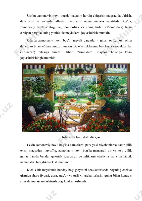 s, atirgul turlari, buldanej, kameliya, gvozdika va shu kabi o'simliklar yoqimli hidga ega. ushbu gullar tashqi ko'rinishi bilan maydonga ko'rk va romantik jaziba beradilar. har qanday hatto eng kichkina manzarali bog'da ham issiq yoz kunida bog'ni xushbo'y hid bilan to'ldiradigan o'tlarsiz tasavvur qilib bo'lmaydi. shunga ko'ra mavritan gazonidan foydalanish maqsadga muvoffiq, uning tarkibi (yaylov raygrazi, betega, oddiy oq polivitsa, qo'g'irbosh (o'tloq myatligi)) o'tlar asosida barpo etiladi. bugungi kunda hovli bog'lardagi hidlarning odamga ta'siri nafaqat estetik, balki shifobaxsh ta'sirga ham egadir. turli yo'nalishlar bo'yicha olib borilayotgan faoliyatlar bo'yicha toliqishlarni yengillashtirish uchun manzarali xushbo'y bog'ning ahamiyati yuqori darajada hisoblanadi. sport maydonchalari atrofida yaratilgan kompozitsiya hovli bog' o'simliklarning tabiiy hidlari o'rnini hech qanday atirlar bosa olmaydi. shuning uchun, haftaning oxirini xushbo'y bog'da yoki o'rmonlarda yurib, gullaydigan o'simliklar va o'tlarning xushbo'y hidlaridan bahramand bo'lishning foydali tomoni beqiyosdir. image1.png image2.png image3.png image4.png image5.png