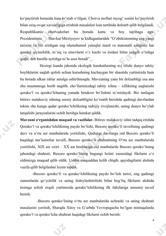 ida izchil tadqiq etildi. bitiruv malakaviy ishning amaliy ahamiyati shundan iboratki, avvalo aholi orasida buxoro qorako‘lchiligini saqlab qolishga ozgina bo‘lsada o‘z hissamizni qo‘shish, shuningdek, ushbu bitiruv malakaviy ish materiallaridan maktab, akademik litsey, kasb hunar kollejlari, oliy ta’lim muassasalarida o‘zbekiston tarixining turli mavzularidagi iqtisodiy hayotni yoritishda qo‘shimcha adabiyot material sifatida foydalanish mumkin. bmi ning aprobatsiyasi. bitiruv malakaviy ish qarshi davlat universiteti “tarix” kafedrasi qoshidagi “yosh o’lkashunos” to’garagida ma’ruza qilingan, hamda 2017-2018 o’quv yili davomida “tarix” kafedrasida muhokama qilingan. bmi ning tuzilishi. bitiruv malakaviy ish kirish, ikki bob, to‘rt qism, xulosa, foydalanilgan adabiyotlar va ilovalardan iborat. i.bob. buxoro qorako‘li qadimgi davr va o‘rta asr manbalarida i.1. qadimgi davrlarga oid buxoro qorako‘li haqidagi ma’lumotlar tavsifi buxoro qorako‘li va uning tarixi ushbu mintaqada chorvachilikning va bu sohadagi seleksiya ishlarining uzoq vaqt davoiyligi va tabiatning ham o‘ziga xosligi bilan ahamiyatli deb hisoblash mumkin. qadim ajdodlarimiz chorvachilik ayniqsa, qo‘ychuvonlikning yetti xazinaning biri sifatida ulug‘laganlar. qo‘y baxt …