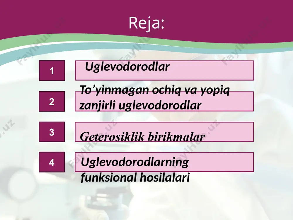 il qiladi. bular ham o ‘z navbatida quyidagi guruhlarga bolinadi: 1) to‘yingan ochiq zanjirli birikmalar. masalan, organik birikmalar ularning tarkibiga ko‘ra quyidagi sinflarga bo‘linadilar: 1. uglevodorodlar. bular tarkibida faqat uglerod va vodorod atomlari bo‘lgan birikmalardir. 3. tarkibida uglerod va vodorod atomlaridan tashqari azot atomi ham bor bo‘lgan birikmalarni azot saqlovchi organik birikmalar deyiladi. 2. tarkibida uglerod va vodorod bilan bir qatorda kislorod atomi ham bor bo‘lgan birikmalarni kislorod saqlovchi organik birikmalar deyiladi. to‘yingan uglevodorodlarga alkanlar va sikloalkanlar kiradi. uglevodorodlar uglerod atomlari orasida bog‘lanishlarni turiga qarab to‘yingan va to‘yinmagan uglevodorodlarga bo‘linadilar. to‘yinmagan uglevodorodlarga alkenlar, alkadiyenlar, alkinlar va aromatik uglevodorodlar kiradi. ochiq zanjirli uglevodorodlarga alkanlar, alkenlar, alkadiyenlar va alkinlar kiradi. tarkibida gidroksil guruhi bor bo‘lgan moddalarga spirtlar va fenollar kiradi. agar gidroksil guruh alkil radikallari bilan bog‘lansa, spirtlar hosil bo‘ladi. tarkibida –no2 guruh saqlagan birikmalarga nitrobirikmalar deyiladi. yopiq zanjirli uglevodorodlarga sikloalkanlar va aromatik uglevodorodlar kiradi. ammiak molekulasidagi bitta yoki bir nechta vodorod …