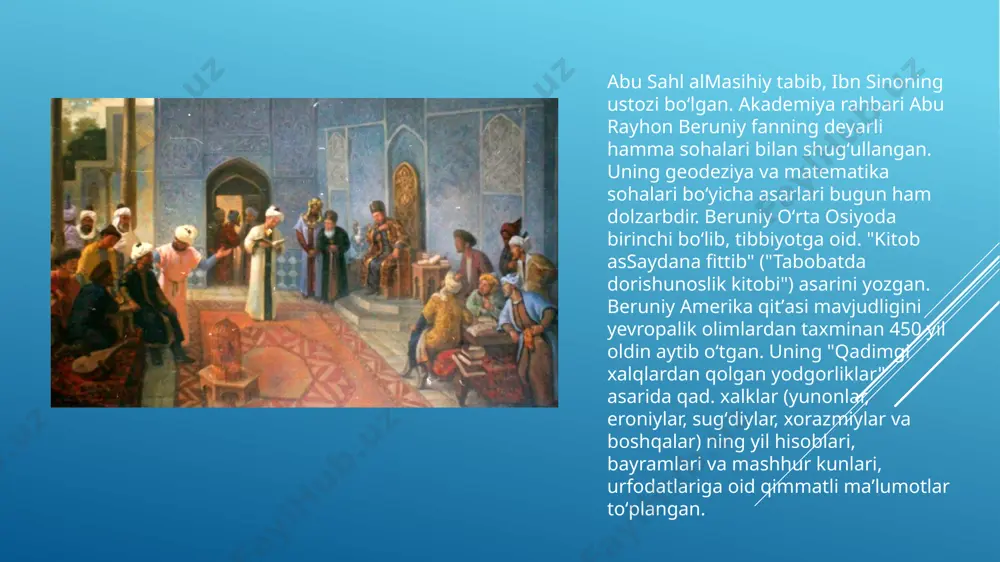 biy mushoiralarni ham har taraflama qo‘llab-quvvatlar edi. bu davrda xorazmda bir qancha tilshunoslar ham ijod etganlar. ular o‘sha davrning ilmiy tili bo‘lgan arab tili grammatikasining bir tizimga solib, lug‘at va til o‘rganish bo‘yicha asarlar yaratganlar. 3. ma’lumki xi-asrda tashkil etilgan ma’mun akademiyasi birgina o’rta osiyo emas balki butun jahonda yirik o’rta asrlarda faoliyat yuritgan hamda hozirgi kunda ham faoliyat yuritib kelayotgan akademiya o’z o’rniga ega. bu akademiyada yurtimizdan yetishib chiqqan buyuk allomalarimiz faoliyat yuritgan hamda uning rivojiga munosib hissa qo’shgan. bular : abu rayhon beruniy, abu ali ibn sino, ali ibn iroq va shu kabi yirik allomalar akademiyada fanlarning rivojiga o’z hissasini qo’shgan. ma’mun akademiyasida tabiiy hamda ijtimoiy fanlar yuksak holda rivojlanganini ko’rishimiz mumkin. bu fanlarda kashf etilgan ixtirolar va asarlardagi olimlarning ilmiy qarashlari hozirgi kunda dunyoning ko’plab davlatlarida o’quv qo’llanma sifatida foydalanib kelinmoqda. shu jumladan yurtimizda ham allomalarimiz qoldirgan ilmiy merosdan yosharimiz unnumli foydalanib kelinmoqda. e’tiboringiz uchun rahmat ! …