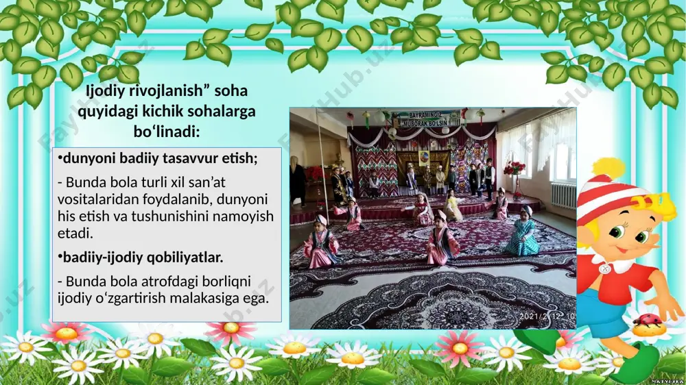 abgacha bolalik - bu tasavvurni rivojlantirish uchun sezgir davr. ijodiy qobiliyat - bu shaxsning har xil turdagi ijodiy faoliyatining muvaffaqiyatini belgilaydigan individual xususiyatlardir. maktabgacha yoshdagi bolalarning adabiy, badiiy va musiqiy qobiliyatlarini rivojlantirishga alohida e'tibor berish tavsiya etiladi. o'yin orqali ijodiy qobiliyatlarni rivojlantirish eng yaxshisidir. musiqa san’ati va ta’lim-tarbiyasi kishidagi insoniy fazilatlarni rivojlantirib, ruhiy poklanish va yuksalishga da’vat etadigan, insonning ichki olamini boyitadigan, iymon-e’tiqodini, irodasini mustahkamlaydigan, ijodini uyg‘otadigan qudratli botiniy kuch – ma’naviyatning yuksalishini ta’minlaydi. musiqa yordamida bolaning badiiy idroki o‘sib, hissiyotini yanada boyitib boradi. bolalarda musiqaviy idrokni o‘stirmay, ularning musiqaga mehr-muhabbatini yetarli darajada qiziqtirmay turib, har tomonlama jismoniy boy, ma’naviy va qat’iy ahloqiy sifatlarni tarbiyalab bo‘lmaydi. bolalarni musiqa sohasidagi faoliyatga jalb etish, badiiy musiqaga estetik idrok etishni va emotsional o‘zlashtirishni rivojlantirish, unga muhabbatni tarbiyalash, musiqali qobiliyatni o‘stirish, musiqali didni shakllantirish, bolalarda badiiy ijodkorlik iqtidorini rivojlantirishdan iborat bo‘lmog‘i kerak. musiqaning bola hissiyoti va intilishiga, mazmuniga va his etishiga katta ta’sirini hisobga …