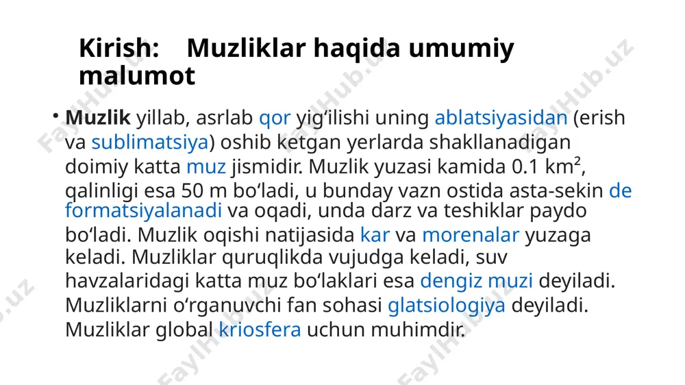 imoliy va 35°s janubiy kengliklar orasida muzliklarni faqat himoloy, and, sharqiy afrikadagi baʼzi baland togʻlar, meksika, yangi gvineya va eronda topish mumkin. muzliklar yerdagi eng katta chuchuk suv zahiralaridir, ulardagi suv dunyo aholisining uchdan bir qismiga yetadi.[3] aksariyat muzliklar suvni bir fasl davomida saqlab, boshqa faslda erib chiqaradi, bu erigan suv oʻsimlik va hayvon dunyosi uchun kerakli suv manbaidir. muzliklar yogʻin, harorat va bulut qatlami kabi uzoq vaqtli iqlim oʻzgarishlariga sezgir boʻlib, iqlim oʻzgarishidan xabardor etadi va dengiz sathi oʻzgarishiga hissa qoʻshadi. muzliklar — siljib turadigan tabiiy muz toʻplamlari. bir sutkada bir necha sm dan oʻnlab m gacha siljiydi. m. koʻp yillar davomida toʻplangan krrlardan paydo boʻladi. qutb oʻlkalarida (antarktida, grenlandiya va shim. orollarda) kalinligi 2 –3 km ga yetadigan muz qatlamlari hosil boʻladi. m. morfologik jihatdan 3 turga: yer usti muzligi, togʻ muzligi va qirgʻokdagi dengizga tomon yastanib yotgan shelf turidagi muzlikka boʻlinadi. togʻ muzligining yiriklari: alyaskadagi bering (170 …