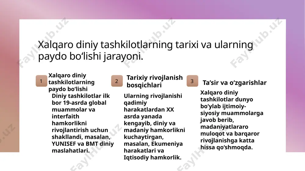 moiy va madaniy sohalarda faoliyatlarini kengaytirmoqda, yangi diniy markazlar paydo bo'lmoqda. mintaqaviy ta'sirlar o'zbekiston va mintaqadagi diniy tashkilotlar, xalqaro hamkorliklar orqali, diniy tolerantsiya va barqarorlikni mustahkamlashga intilmoqda, interfaith aloqalar rivojlanmoqda. tarixiy nuqtai nazardan xalqaro diniy tashkilotlarning hozirgi va kelajakdagi roli. tarixiy rivojlanish xalqaro diniy tashkilotlar tarix davomida inson huquqlari, madaniy meros va diniy hamjihatlikni mustahkamlashda muhim rol o’ynagan, global muhitda muvozanat yaratgan. hozirgi vazifalar hozirda ular ijtimoiy adolat, ekologik muammolar va tinchlikni ta’minlashda faol ishtirok etib, madaniy hamkorlik va diniy dialogni rivojlantirmoqda. kelajakdagi istiqbollar kelajakda xalqaro diniy tashkilotlar barqaror rivojlanishga yordam berish, interfaith hamkorlikni kengaytirish va global muammolarga yechim topishda muhim omil bo’lishi kutilmoqda. xalqaro diniy tashkilotlarning ijtimoiy ta'sirining tarixi va rivojlanishi. 1 xalqaro ta’sirning boshlanishi - xalqaro diniy tashkilotlar 20-asr boshlarida inson huquqlari va tinchlik uchun faoliyat olib borib, globallashuv jarayonida ijtimoiy ta’sirini kuchaytirdi. 2 ijtimoiy inqilob va rivojlanish - diniy tashkilotlar insonlarning tengligi, adolat va madaniy almashuvda muhim …