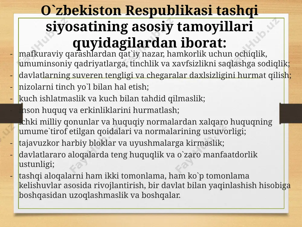 munitetlari to`g`risidagi konvensiya ratifikatsiya qilinsin. toshkent shahri, 2004 yil 27 avgust o`zbekiston respublikasi № 675-11 oliy majlis raisi e.xalilov 176 o`zbekiston respublikasi hukumati bilan shanxay hamkorlik tashkiloti o`rtasida shanxay hamkorlik tashkiloti mintaqaviy aksilterror tuzilmasining o`zbekiston respublikasida bo`lish shartlari to`g`risidagi bitimni ratifikasiya qilish haqida o`zbekiston respublikasi vazirlar mahkamasi taklifini ko`rib chiqib, o`zbekiston respublikasi oliy majlisi qaror qiladi: o`zbekistan respublikasi hukumati bilan shanxay hamkorlikt ashkiloti o`rtasida shanxay hamkorlik tashkiloti mintaqaviy aksilterror tuzilmasining o`zbekiston respublikasida bo`lish shartlari to`g`risidagi bitim ratifikasiya qilinsin. toshkent shahri, 2004 yil 27 avgust o`zbekiston respublikasi № 676-11 oliy majlis raisi e.xalilov xalqaro munosabatlarni rivojlantirishda o`zbekiston diplomatik munosabatlarni quyidagi qadriyatlar asosida olib bormoqda: - jahon hamjamiyati tomonidan e`tirof etilgan demokratik qadriyatlar - xalqaro huquq asosida o`z tashqi siyosatini yuritish - munosabatlarda kuch ishlatmaslik, muzokaralar yordamida muammolarni hal etish - boshqa davlatlarning ishki ishlariga aralashmaslik - davlarlarning suveriniteti hududiy yaxlitligini hurmat qilish muhim ahamiyatga egadir. o`zbekistonning jahon hamjamiyatiga integratsiyalashuvini ta`minlashda: - …