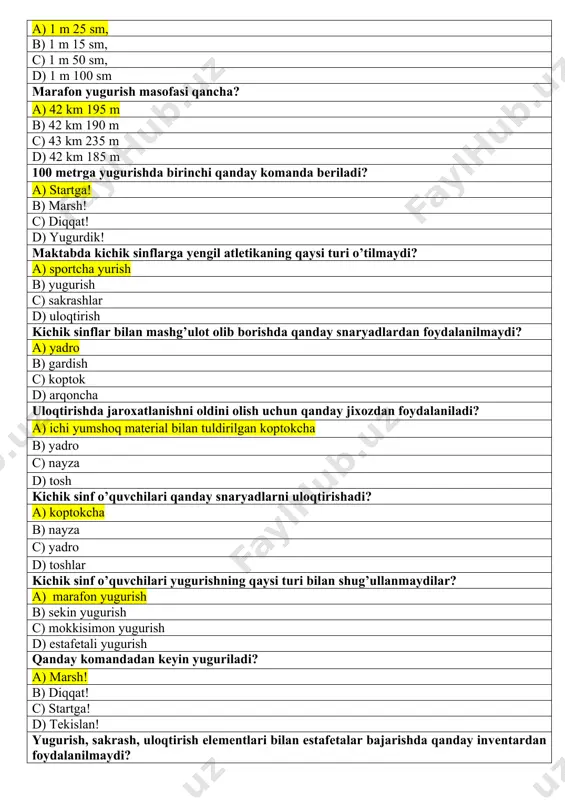 ma taluqli emas? a) boks b) yugurish c) sakrashlar d) uloqtirish yugurish sportning qaysi turiga taaluqli? a) yengil atlеtika b) suzish c) boks d) kurash past start xolatida turgan yuguruvchining nigohlari qayеrga yunaltirilgan bo’ladi? a) pastdan oldinga b) yuqoriga c) yon tomonga d) start bеruvchiga uch hatlab sakrashning kеtma kеtligini ko’rsating. a) sapchish, qadam tashlash sakrash b) sakrash, sapchish, qadam tashlash c) qadam tashlash, sakrash, sapchish d) qadamlash, sapchish, sakrash marraga yaqin kеlganda yuguruvchi nima qilishi kеrak? a) oyoqlari yеrda bo’lgan bir vaqtda kukrakni shiddat bilan oldinga egishi b) boshini oldinga egishi s) orqaga egilishi d) yugurishni sеkinlatishi qanday snaryad uloqtirilmaydi, itqitiladi?... a) yadro b) granata s) disk d) bosqon darsning qaysi qismida yugurish mashqlari bajartiriladi? a) tayyorlov b) asosiy s) yakuniy d) har qaysi qismida kross yengil atlеtikaning qaysi mashq turiga taluqli? a) yugurish b) sakrash c) uloqtirish d) ko’p kurash «stipil – chеz» nima dеgani? a) to’siqlar osha …