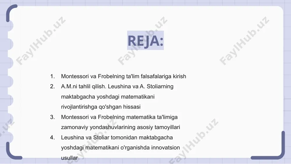 shini yaxshilash bo'yicha qimmatli tushunchalarga ega bo'lishlari mumkin. montessori va frobelning matematika ta'limiga zamonaviy yondashuvlarining asosiy tamoyillari m. montessori va f. froebelning maktabgacha yoshdagi matematik rivojlanishiga zamonaviy yondashuvi amaliy ta’limga, individual tarzda o‘qitishga va yosh o‘quvchilarda mustaqillikni rivojlantirishga qaratilgan. montessori yondashuvining asosiy tamoyillari manipulyatorlardan foydalanish, izlanish va kashfiyotlarga e'tibor berish va matematika ta'limida o'sish tafakkurini rag'batlantirishni o'z ichiga oladi. xuddi shunday frobelning zamonaviy yondashuvi ham o‘yinga asoslangan ta’limga, matematika tushunchalarini kundalik faoliyatga integratsiyalashga, bolaning tabiiy qiziquvchanligi va ijodkorligini tarbiyalash muhimligiga urg‘u beradi. leushina va stoliar tomonidan maktabgacha yoshdagi matematikani o'rganishda innovatsion usullar m. montessori, f. frebel, a. m. leushina va a. stoliar o'zlarining zamonaviy yondashuvlari bilan maktabgacha yoshdagi matematikani rivojlantirishda inqilob qildilar. ularning usullari erta matematik ko'nikmalarni oshirish uchun innovatsion texnikaga qaratilgan. leushina va stoliarning maktabgacha yoshdagi matematikani o'rganish bo'yicha tadqiqotlari yangi istiqbollar va ilg'or strategiyalarni taqdim etadi. qiziqarli faoliyat va interfaol vositalarni o'z ichiga olgan holda, ular yosh o'quvchilarning …