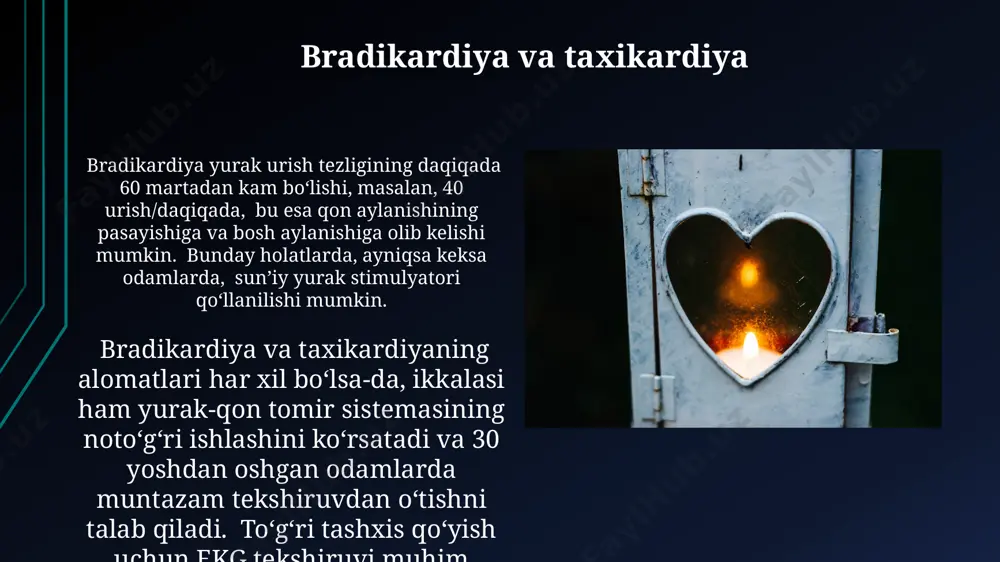 arga qonning to'liq to'lishiga imkon beradi va samarali qon aylanishini ta'minlaydi. purkinye tolalari, qorinchalarni tez va samarali ravishda qo'zg'atishi, taxminan 3 m/soniya tezlikda, bu esa yurak urishining bir vaqtda bo'lishiga va yaxshi koordinatsiyalangan qisqarishiga olib keladi. yurak o'tkazuvchanlik sistemasining umumiy ko'rinishi av tugun (atrioventrikulyar tugun) impulslarni atriumlardan qorinchaga o'tkazish tezligini sekinlashtirib, qorincha va atriumlarning qisqarishi o'rtasidagi vaqtni tartibga soladi; bu jarayon samarqand tibbiyot institutida o'rganilgan. his dastasi (his to'plami) sa tugundan impulslarni o'ng va chap atriumlarga, keyin esa purkinye tolalari orqali qorinchaga o'tkazadi, bu jarayon 0.12-0.20 sekund davom etadi va yurakning koordinatsiyalangan qisqarishini ta'minlaydi. yurak blokadalari ўзбекистондаги кардиология марказларида йилига 1000 дан ортиқ юрак блокадаси ҳолатлари қайд этилади, бунинг 70%ини 60 ёшдан ошган беморлар ташкил этади. юрак блокадаларининг даволанишида, масалан, брадикардияда, 5-10 мг/кг дозада атропин вена ичига юборилади, бу тошкент шаҳридаги тез тиббий ёрдамдаги стандарт процедура ҳисобланади. yurak o'tkazuvchanlik sistemasining buzilishlari yurak o'tkazuvchanlik sistemasining buzilishi natijasida, masalan, atrioventrikulyar blokada tufayli, …