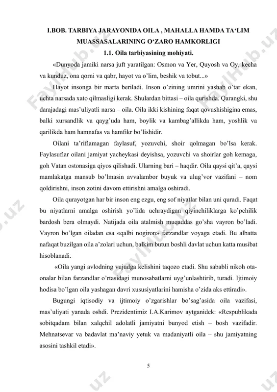 bo’lgan oiladan esa «qalbi nogiron» farzandlar voyaga etadi. bu albatta nafaqat buzilgan oila a’zolari uchun, balkim butun boshli davlat uchun katta musibat hisoblanadi. «oila yangi avlodning vujudga kelishini taqozo etadi. shu sababli nikoh ota-onalar bilan farzandlar o’rtasidagi munosabatlarni uyg’unlashtirib, turadi. ijtimoiy hodisa bo’lgan oila yashagan davri xususiyatlarini hamisha o’zida aks ettiradi». bugungi iqtisodiy va ijtimoiy o’zgarishlar bo’sag’asida oila vazifasi, mas’uliyati yanada oshdi. prezidentimiz i.a.karimov aytganidek: «respublikada sobitqadam bilan xalqchil adolatli jamiyatni bunyod etish – bosh vazifadir. mehnatsevar va badavlat ma’naviy yetuk va madaniyatli oila – shu jamiyatning asosini tashkil etadi». hozirgi kunda maktablarda oilaviy hayot etikasi va psixologiyasi fani o’tilmoqda. bu fanda albatta oila va nikoh, yoshlar ma’naviy dunyosining go’zalligi, farzand, oilaviy munosabatlar to’g’risida ko’p ibratli ta’lim berilgan. pedagoglar dars jarayonida, darsdan tashqari tarbiyaviy tadbirlarda ham muntazam ravishda o’quvchilarni oilaviy hayotga tayyorlashga e’tiborlarini qaratishadi, biroq bu harakat bir tomonlama bo’lib yetarli natija bermaydi. chunki doim ham o’qituvchilarning dunyoqarashi o’quvchi ota-onasining …