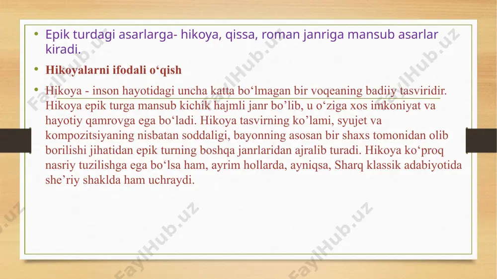 ay xulosa chiqardingiz? dramatik turdagi asarlarni ifodali o’qish. dramatik turdagi asarlar: intermediya, pyesa, komediya, tragediya, tragikomediyalarni o’z ichiga oladi. intermediya (lot. intermedius — oraliq) — 1) kichik, koʻpincha hajviy yoʻnalishdagi pyesa; dramatik spektakl oraligʻida (koʻpincha musiqa va balet oʻyinlari bilan uygʻun holda) ijro etiladigan musiqali drama yoki opera. dramaturgiya va teatr sanʼati paydo boʻlishidan koʻp asrlar avval jahon xalqlari ogʻzaki ijodida yaratilgan. i. 15-asrdan gʻarbiy yevropa teatrlariga ham koʻchib, 17—18-asrlarda keng tarqalgan. said ahmadning “meni kechiring” intermediyasi intermediya haqida xulosangiz qanday? pyesa – asar turi. har qanday sahna asari pyesa deb atalishi mumkin. “adabiyotshunoslik lugʻati”ga koʻra, pyesa – dramatik turga mansub har qanday asar. bu atama xx asrdan boshlab shu maʼnoda qoʻllanadi, dramatik asar, janridan qatʼi nazar – u tragediya, komediya yo drama boʻladimi – pyesa deb ham yuritilaveradi. pyesa — asosan teatr sahnasida ijro etiladigan, drama yoki komediya janrlarida yozilgan sahna asaridir. pyesalar odatda bir yoki bir nechta qismdan …