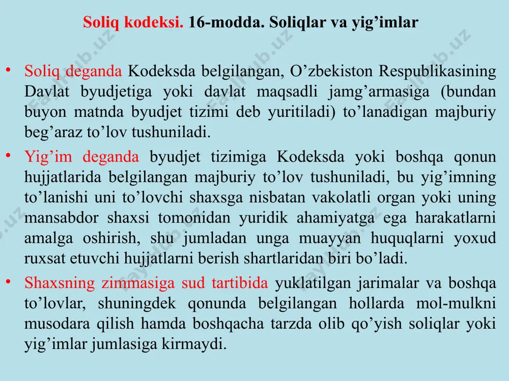 ilinadigan bo‘lsa - bu induktsiyadir. avval, boshdanoq barcha xususiy hollarni o‘z ichiga olgan umumiy qoida hosil qilinsa bu - deduktsiyadir. dialektik usul shuni ko‘rsatadiki, rivojlanish quyidan yuqoriga qarab sodir bo‘ladi. bilish esa oddiydan murakkabga tomon rivoj topib boradi. analiz bu o‘rganilayotgan butun ob’ektni qismlarga ajratish va ularni izchillik bilan tahlil qilish, bo‘lsa, sintez esa, o‘rganilgan qismlardan olingan xulosa va natijalarni bir butun yaxlit jarayon deb qarab, umumiy xulosa chiqarishdir soliqlarni davrlar bo‘yicha taqqoslash, ulardan tushumlarni jadvallar orqali ifodalash, o‘zgarishlarni aniqlash, ularga nazariy jihatdan baho berish, soliqlarning boshqa iqtisodiy kategoriyalarga ta’sirini grafik usulida tasvirlash va shu kabilardir. masalan, soliqlar o‘zgarishini yalpi talab va yalpi taklifga ta’sirini mana shu usul bilan ifodalash mumkin. 30.12.2022 yildagi o‘rq-812-son «soliq va budjet siyosatining 2023 yilga mo‘ljallangan asosiy yo‘nalishlari qabul qilinganligi munosabati bilan o‘zbekiston respublikasining ayrim qonun hujjatlariga o‘zgartish va qo‘shimchalar kiritish to‘g‘risida» qonuni, qonunchilik palatasi tomonidan 2022 yil 27 dekabrda qabul qilingan cenat tomonidan 2022 …