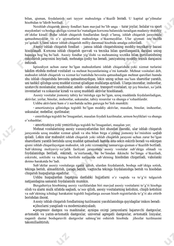 i 15 minimal maosh miqdoridan ortiq bo’lgan, 1 yildan ortiq xizmat qiluvchi, o’z kiymatini tayyor mahsulotga amortizatsiya shaklida o’tkazib boradigan va ishlab chiqarish jarayoni oxiriga kelib natural shaklini saqlab qoluvchi moddiy boyliklarga aytiladi. boshqacha qilib aytganda, asosiy ishlab chiqarish fondlari deb ishlab chiqarish jarayonida uzoq davr bevosita va bilvosita qatnashadigan, moddiy boyliklar yaratishda ishtirok etadigan hamda tabiiy shaklini saqlagan holda o’z qiymatini tayyorlanayotgan mahsulotga asta-sekin, ekspluatatsiya jarayonida eskirishi(tuzishi)ga qarab o’tkazib boradigan mehnat vositalariga ham aytiladi. ular ish bajarishda, xizmat ko’rsatishda va mahsulot ishlab chiqarishda qatnashadilar. ishlab chiqarish jarayonini amalga oshirish uchun sharoit yaratadilar. mehnat buyumlari ishlab chiqarish jarayonida asosiy fondlarning har bir elementi roli, ularning jismoniy va ma’naviy o’zgarishlari, ulardan foydalanishga ta’sir etuvchi omillar haqida aniq tassavurga ega bo’lgan holda asosiy fondlar va ishlab chiqarish quvvatidan foydalanish samaradorligini oshirishga imkon beruvchi, ishlab chiqarish xarajatlarini pasaytirish va mehnat unumdorligini ko’tarishni usul va yo’nalishlarni aniqlash mumkin. ishlab chiqarish jarayonida korxona ishchilari mehnat …