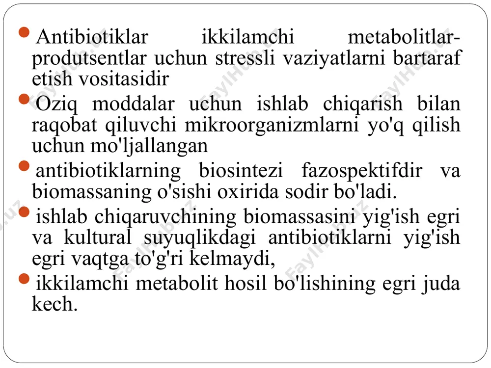 'ziga xosligi yordamida va antibiotik prekursorlarining analoglarini kiritib, ikkinchisi mutasintez jarayonida antibiotikning o'ziga o'xshashiga aylanadi. antibiotiklarni yaratishda rdnk-biotexnologiyasi 4. rdnk-biotexnologiyasi-antibiotiklar ishlab chiqaruvchilarining yuqori faol shtammlarini yaratish. rdnk yordamida minimal salbiy ta'sirga ega bo'lgan muayyan mikroorganizmlarga kuchli ta'sir ko'rsatadigan noyob tuzilishga ega yangi antibiotiklarni yaratish mumkin. ikkilamchi metabolitlarning biosintezi ikkilamchi metabolitlarni mikroorganizm produtsentlarini rivojlanish jarayoni ikki fazali xususiyatga ega: rivojlanishning birinchi bosqichi (tropofaza yoki muvozanatli o'sish bosqichi) antibiotik ishlab chiqaruvchisi kulturasida biomassaning tez to'planishi bilan tavsiflanadi. bu davrda antibiotik biosintezi sodir bo'lmaydi yoki kichik miqdorda amalga oshiriladi. bu bosqich tez bo'lishi kerak va ozuqa vositasi arzon bo'lishi kerak. ikkinchi bosqich (idiofaza yoki muvozanatsiz o'sish fazasi) - idiofaz paytida biomassaning o'sishi sekinlashadi va kultural suyuqligida antibiotikning tez to'planishi sodir bo'ladi. 1- трофофаза, ii-идиофаза, 1- биомасса, 2 –антибиотик, 3-углеводы, 4 – источник азота antibiotiklarni sanoat biotexnologik ishlab chiqarish sxemasi 1. tegishli shtammni olish - sanoat ishlab chiqarishga yaroqli antibiotik ishlab chiqaruvchisi; 2. ozuqaviy …