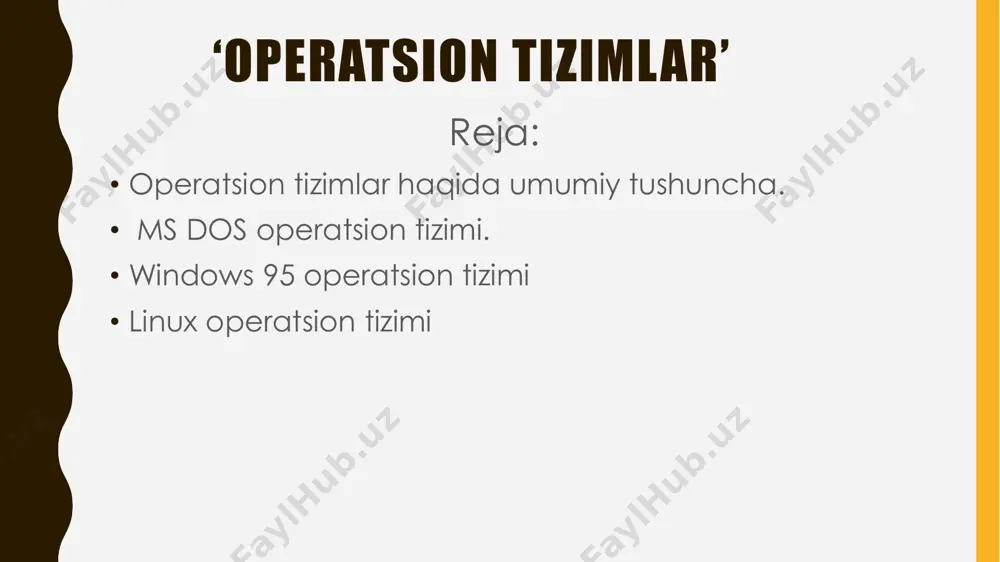 mani grafika orqali boshqarishga imkon beradi. ot bilan muloqot qilishning yana bir yo'li - buyruq-qatori interfeysi (command-line interface) dir. kernelning ikki turi mavjud: monolitik (monolithic) va mikrokernel (microkernel). monolitik - bu ot funksiyalarining ko'p qismini bajaradigan katta dastur. mikrokernel esa ot funksiyalarining faqat kichik bir qismini bajaradi, ammo uning imkoniyatlarini drayverlar deb nomlanuvchi qo'shimcha modullar bilan kengaytirish mumkin. ot ning kernel va grafik foydalanuvchi interfeysidan tashqari boshqa muhim qismlari ham mavjud. hozircha, barcha yuqoridagi ma'lumotlarni tushunish uchun quyidagi rasmga qarang: no alt text provided for this image xulosa qilaidgan bo'lsak, ot yuqorida aytib o'tganimizdek, kompyuter resurslarini samarali ravishda taqsimlaydi. ot siz kompyuter - kompyuter emas, aksincha shunchaki temir-tersakka aylanib qoladi. operatsion tizimlar tarixi — birinchi kompyuterlarda operatsion tizimlar boʻlmagan. oʻsha davrda birinchi kompyuterlarda ishlaydigan har bir dastur kompyuterda ishlash uchun zarur boʻlgan barcha kodlarni oʻz ichiga olishi, oʻrnatilgan apparat bilan aloqa qilish va dastur bajarishi kerak boʻlgan hisob- kitoblarni bajarishi …