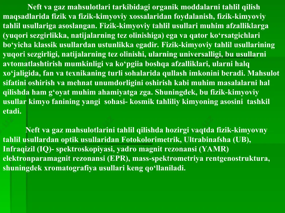 ning bir xiligini isbotlash, agar spektrlar bir xil bо‘lmasa-yu, har ikkala moddaning kо‘pgina xususiyatlari bir –biriga yaqin bо‘lsa, bu yangi modda yetarli darajada tozalanmaganligini kо‘rsatadi. shunday qilib, iq- spektroskopiya moddalarning tozalik darajasini aniqlashga ham imkon beradi. ikkinchidan: turli tip bog‘lari bо‘lgan izomerlar iq – spektroskopiyadan foydalanib osongina aniqlash mumkin, masalan c2h6o formulaga ikki modda etil spirt va dimetil efir muvofiq, keladi. etil spirtda o-h bog‘, dimetil – efirda esa c- o bor mavjud. shuningdek spirt spektrida o- h, dimetil efirda esa – o bog‘ning yutilish maksimumi kuzatiladi. izomerlarni bilib olishga doir yana bir misol keltiramiz. neftdan olingan aromatik moddalarni aromatik halqalardagi c-h bog‘larning yassi bо‘lmagan tebranishlari 700-800 sm-1 sohada kuzatiladi. ortodialmashingan benzol hosilalarida esa bu soha 735- 770 sm-1 ga muvofiq keladi. meta – va para- dialmashingan hosilalar muvofiq ravishda 750-810 sm-1, 800-860 sm-1 sohalarda maksimumlarga ega. kо‘rinib turibdiki, dialmashilgan benzal hosilasining iq – spektrini olish bilan uning qaysi izomer …