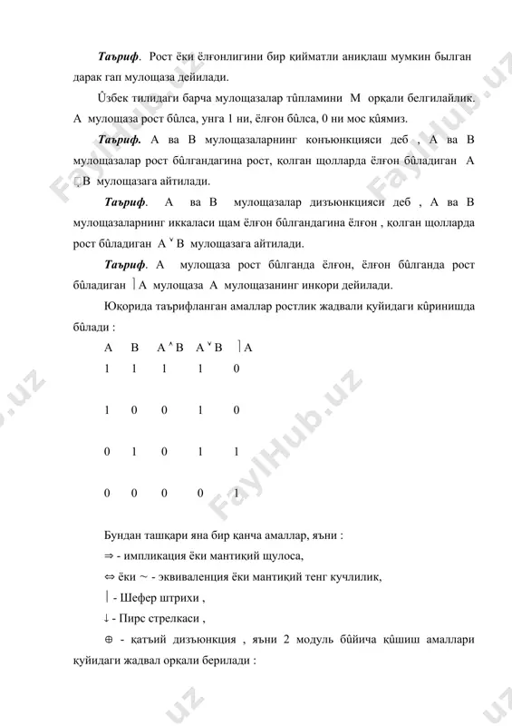 бу формулалар таркибига кирган барча мулощазалар а 1,. . .,аm -лардан иборат бûлсин. агар а 1,. . . , а m мулощазаларнинг барча қийматлар тизимлари ( i1, . . . , im ) лар учун ( ва ( формулалар бир щил қийматлар қабул қилсалар , у щолда, бу формулалар тенг кучли формулалар дейилади ҳамда ( ( ( кûринишда ифодаланади. адабиётлар : 1. ёқубов т.,каллибеков с. математик мантиқ элементлари.т.,1996. 2. новиков п.с. элементы математической логики.м.1973. 3. чёрч а. введение в математическую логику.м.,1960. 4. мальцев а.и. алгоритмы и рекурсивные функции.м.,1965. 5. лаврови.а., максимова л.л. задачи по теории множеств,математической логике и теории алгоритмов.м.,1975.