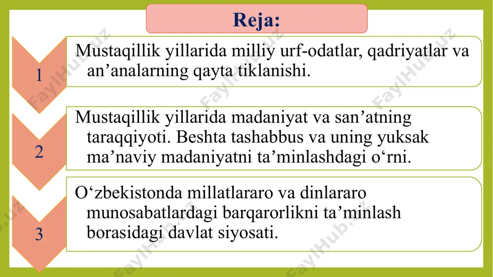a dahshatli." i. a. karimov g’oyalar va mafkuralar kurashi maqsadlar: odamlarning, ayniqsa yoshlarning qalblari va onglarini yutish; ma'lum bir mamlakat yoki mintaqa millati yoki xalqining ongiga ta'sir qilish; uni mafkurasiga bo'ysundirish, ruhan siqib chiqarish harbiy kuch iqtisodiy bosim siyosiy bosim tashviqot terror va zo'ravonlik tahdidlar va qo'rqitish usul va vositalar murakkab mafkuraviy jarayonlarni har tomonlama tahlil qilish va baholash, ularning aholining turli qatlamlariga ta'sirini o'rganish, hayot tarzimizga va milliy manfaatlarga zid bo'lgan mafkuraviy tahdidlarning mohiyatini ochish, odamlar ongida sog'lom dunyoqarashni mustahkamlash begona g'oyalarga qarshi muvaffaqiyatli kurashishning muhim shartidir. fikrga - qarshi fikr, g’oyaga – qarshi g’oya ma'rifat - jaholatga qarshi mafkuraviy oldini olish mafkuraviy immunitetni shakllanishi bizning ma'naviy hayot qiymatlarini himoya qilish har tomonlama rivojlangan shaxs mamlakatda tinchlik va barqarorlik milliy g’oyani tamoyillari millatlararo totuvlik ijtimoiy hamkorlik odamlarni farovonligi vatani gulab-yashnashi diniy bag'rikenglik milliy mustaqillik g’oyasining shakllanishi 1993 -yilda foydalanishga topshirilgan “turkiston” saroyi vatanimizning va xorijlik atoqli teatr arboblarining, ijodiy …