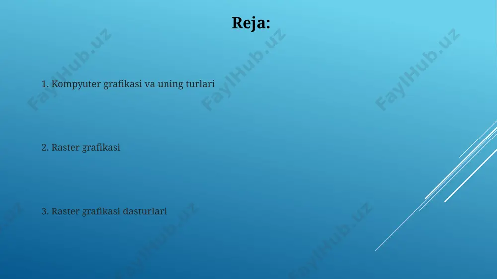 -barang bo'lib, 10 bit va undan ortiq rang chuqurligi bilan real dunyo ranglarini aniqroq aks ettiradi. raster grafikasi tushunchasi raster tasvirlarni siqish algoritmlari, jpeg, png kabi, fayl hajmini kamaytirish uchun ishlatiladi, bu esa saqlash va uzatish uchun qulaylik yaratadi va o'rtacha siqish darajasi 80% ni tashkil etadi. raster grafikasi, rasmni 2d piksellar to‘plami sifatida ifodalaydi, har bir pikselning o‘ziga xos rangi va yorqinligi bo‘ladi va ularning soni (masalan, 1920x1080 piksel) tasvir sifatini aniqlaydi. raster grafikalarni tahrirlash dasturlari raster grafik muharrirlarida, masalan, corel paintshop pro da, 300 dpi dan yuqori piksel zichligiga ega tasvirlarni yaratib, professional sifatli chop etish uchun yuqori sifatli natijalar olish mumkin. ba'zi raster grafik tahrirlovchilar, masalan, paint.net, 20 dan ortiq turdagi fayl formatlarini, jumladan, png, jpeg, tiff va gif ni qo'llab-quvvatlaydi va foydalanuvchilarga yuqori aniqlikdagi tasvirlarni yaratish imkonini beradi. raster grafikalarni qo'llash sohalari raster grafikalar 2d animatsiya va o'yinlar yaratishda keng qo'llaniladi, chunki ularning yuqori piksel zichligi …