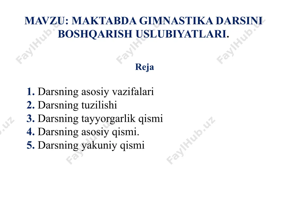 ida o'zaro yordamlashishda xavfsizlikni ta’minlaydi; c) dars o‘qituvchi tomonidan yaxshi rejalashtirilgan, tashkillashtirilgan bo‘lib, uning doimiy rahbarligi va nazorati ostida o'tadi. darsning asosiy vazifalari maktabdagi gimnastika darslari o'zining pedagogik vazifalariga ko'ra: kirish; yangi materiallarni o'rganish; takomillashtirish va o'tilgan materiallarni takrorlash; aralash; nazariy va nazorat darslariga bo‘linadi. kirish darsidan boshlanadi. o'qituvchi bu yerda o‘qitish, o'quvchilami oldiga qo'yilgan vazifalar, dasturdagi materiallar mazmuni bilan ularni tanishtiradi. yangi materialni o'zlashtirish vazifasi shug'ullanuvchilarga unga qiziqishni uyg'otishi va qo'yilgan vazifaga to'g'ri javobni tez topishini ta’minlaydi. yangi materialni o'rganish, izlanish xarakteriga ega, bu yerda ko'proq nazariy bilimga tayanib, ko'rgazmalar, video-filmlar, uslubiy qo'llanmalardan foydalaniladi. takomillashtirish va takrorlash — oldin berilgan mashqlar, kombinatsiyalami o'zlashtirish va takomillashtirishga yo'naltirilgan, ular nazorat darsidan oldin o'tkazilishi maqsadga muvofiqdir. aralash darslar ko'pincha maktablarda ucliraydi, bu yerda oldingi mashqlarni takrorlash va takomillashtirish birgalikda olib boriladi. nazariy va nazorat darsi mavzu yoki dasturning oxirida o'tkazilib, o'quvchilar materialni o'zlashtirgani va ularning tayyorgarlik darajasini aniqlashga ko'maklashadi. gimnastika bo'limining oxirida …