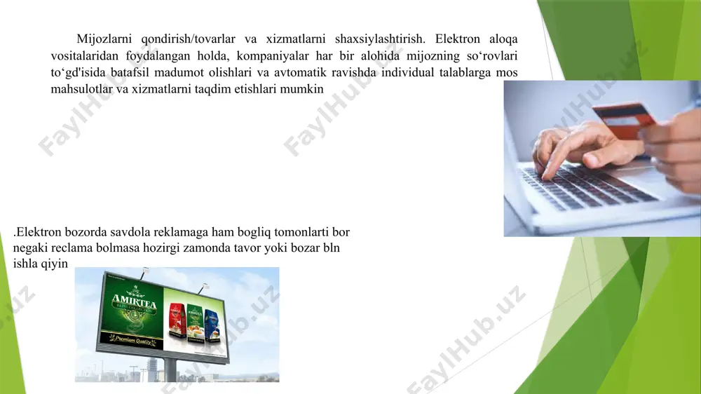 ojlanish xayotiy siklining qanday bosqichida turganligiga bog‘liq ravishda hamda mahsulot yoki hizmat bazorning qaysi segmentiga chiqarilishi rejalashtirilayotganiga bog‘liq bo‘lib, quyidagi asosiy segmentlarga bo‘linadi: biznes-biznes (b2b). biznes-davlat (b2g). biznes-iste’molchi (b2c). iste’molchi-iste’molchi (c2c ishlab chiqaruvchi modeli (manufacturer (direct) model) –bunday modelni mahsulot va xizmatlar ishlab chiqaruvchilar tanlaydilar. ular biznesni xaridor bilan vositachlarsiz aloqaga chiqqan xolda amalga oshiradilar va bu ularga bahoni pasaytirish va moslashuvchan bo‘lishga imkon beradi. misol sifatida dell computer va m.video larni keltirishimiz mumkin. hamkorlik modeli (affiliate model) – internetda pul ishlashni istaydigan, ammo o‘z biznesini tashkil etish uchun yetarli investitsiyaga yoki mablag‘ga ega bo‘lmagan kompaniyalar uchun juda foydali bo‘lgan model turi. bu model turiga reklama bannerlari bilan savdo almashinuvini (banner exchange), saytga kiruvchilarning o‘tishlarini sotish (pay-per-click) larni kiritish mumkin. misol sifatida amazon.com, ozon.ru va barnes&noble larni keltirish mumkin reklama servislari –shopberry, seopult, get4click, seopult. yuqoridagilardan tashqari, tizimda pochta tarqatuvi tashkil qilish imkoniyatlari, xamkorlik tarmog‘iga ulanish, onlayn-cha tashkil qilish va …
