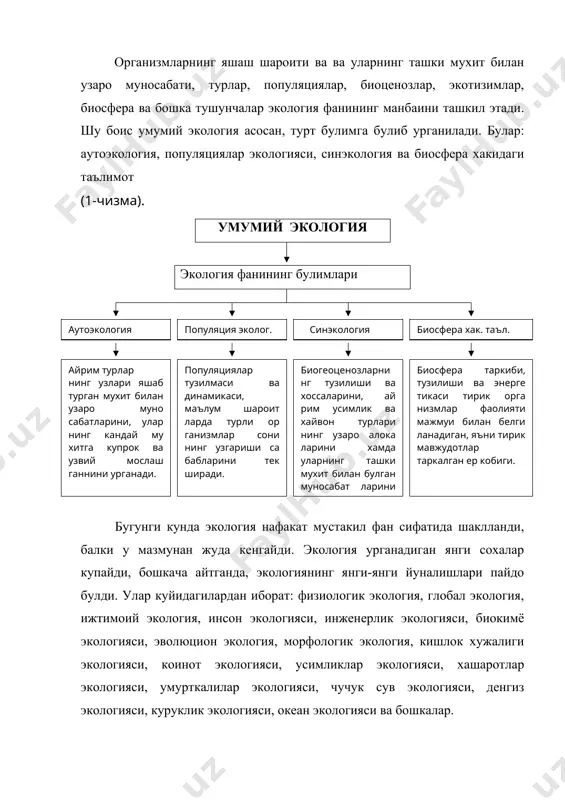ганизмлар сони нинг узгариши са бабларини тек ширади. биосфера таркиби, тузилиши ва энерге тикаси тирик орга низмлар фаолияти мажмуи билан белги ланадиган, яъни тирик мавжудотлар таркалган ер кобиги. айрим турлар нинг узлари яшаб турган мухит билан узаро муно сабатларини, улар нинг кандай му хитга купрок ва узвий мослаш ганнини урганади. биогеоценозларнинг тузилиши ва хоссаларини, ай рим усимлик ва хайвон турлари нинг узаро алока ларини хамда уларнинг ташки мухит билан булган муносабат ларини урганади.