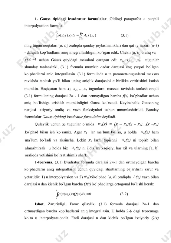 luksiz bo`lganligidan veyershtrass teoremasiga ko`ra berilgan har bir >0 son uchun shunday p(x) ko`phad mavjudki, ixtiyoriy x [a, b] uchun (3.8) tengsizlik o`rinli bo`ladi. rn(f) ni quyidagi ko`rinishda yozib olamiz (3.9) kvadrat qavslardagi ifoda p(x) ko`phad uchun kvadratur formulaning rn(f) qoldig`idan iboratdir. agar bu kop`hadning darajasini n orqali belgilasak, u holda 2n - 1 > n bo`l ganda rn(p) = o bo`ladi. endi (3.9) dagi holgan ifodalar (3.8) tengsizlikka ko`ra quyidagicha baholanadi: demak, 2n - 1>n bo`lganda bo`ladi. shu bilan teorema isbotlandi. umumiy ko`rinishdagi (gauss tipidagina emas) kvadratur formulalar ketma-ketligini qaraymiz. bu yerda [a, b] oraliq chekli va bu oraliqda (х) vazn integrallanuvchi ixtiyoriy funksiya bo`lsin. bu kvadratur formula uchun quyidagi teorema o`rinlidir. 5-teorema. f(x) [a, b] oraliqda uzluksiz bo`lgan ixtiyoriy funksiya bo`lsin. u holda tenglikning bajarilishi uchun quyidagi ikki shartning bajarilishi zarur va yetarlidir: 1) f(x) ixtiyoriy ko`phad bo`lganda, (3.10) tenglik o`rinli. 2) shunday l son mavjudki, uning uchun: …