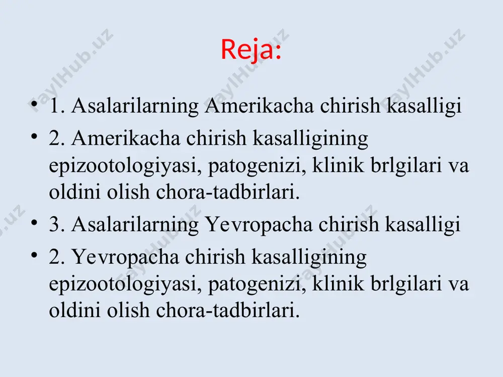 ma'lumotlar. infeksiyaning manbai bu kasal asalarilar oilalari. amerika chirish kasalligi qo‘zg‘atuvchisi bilan faqat ishchi va ona asalari va ba'zan erkak asalarilarning yetilgan lichinkalari zararlanadi. qo‘zg‘atuvchi odam va issiq qonli hayvonlar uchun xavfli emas. bitta kasal yoki o‘lgan lichinka tanasida besh milliardgacha mikroorganizmlar rivojlanadi. bitta asalari lichinkasini zararlantirish uchun 0,01 ml siropda 10 000 ta basilla spora bo‘lishi talab etiladi. asalari oilasida infeksiya oziqlantiruvchi va tozalanuvchi asalarilardan tarqaladi, ya'ni ular asalni zararlaydi. bir oiladan, ikkinchi oilaga infeksiyalar o‘g‘ri asalarilar orqali tarqaladi. infeksiyaning tarqalishida asalari parazitlari (mum kuyasi, terixo‘r, kanalar) katta rol o‘ynaydi, chunki ular sporalar bilan zararlangan mumlarni is'temol qilganlarida sporalarni mexanik tarzda tashiydi. shuningdek, sanitariya qoidalariga rioya qilmaslik (kasal oilalardan sog‘lomlariga ramkalarni almashtirilganda, sporalar bilan zararlangan asal bilan oziqlantirilganda, zararsizlantirilmagan asbob-uskunalardan foydalanish vaqtida) ham infeksiyani tarqalishiga olib keladi. kasallikni kechishi va klinik belgilari. kasallikni yashirin davri 3-7 kunni tashkil etadi. kasallikning boshlang‘ich davrida sog‘lom nasllarni turli joylarida bitta-yarimta kasal lichinkalarni …