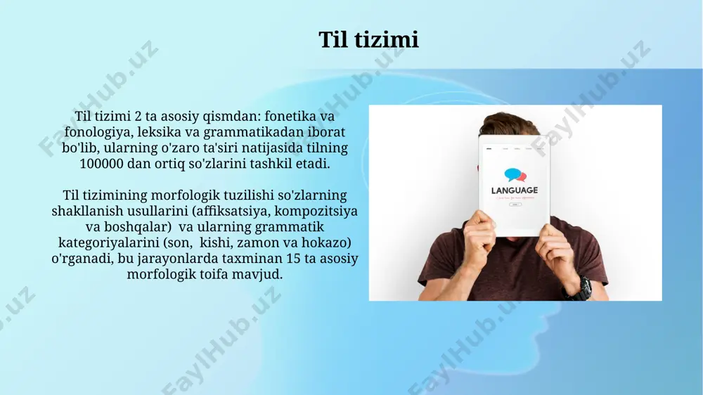 otatsiya va illokutsiyaga bo‘linadi. leksik semantikaga oid tadqiqotlarda sinonimlar, antonimlar va omonimlar kabi 3 ta asosiy leksik munosabatlar tahlil qilinadi, bu esa so‘zlarning ma’no munosabatlarini ochib beradi. til birligi “til birligi” paradigmalar nazariyasida 12 ta til birligi komponenti va ularning o’zaro bog’lanishi, tizimli munosabatlarini o'rganish orqali tillarni taqqoslash va ularning rivojlanishini tushunish mumkin. “til birligi” tushunchasi lingvistikada tilning ichki tuzilmasi va uning elementlari o'rtasidagi munosabatlarni, ya'ni leksik, grammatik va fonetik jihatlarning o'zaro bog'liqligi va uyg'unligini ifodalaydi. til va jamiyat tilning ijtimoiy funksiyalari “til va jamiyat”da 5 ta asosiy toifa, ya’ni kommunikativ, integrativ, identifikatsion, kognitiv va emotsional funksiyalar orqali tahlil qilinadi. “til va jamiyat” oʻrganishida 30 dan ortiq turli xil tadqiqot metodlari, jumladan, kuzatish, soʻrovnoma va eksperimentlardan foydalaniladi. lingvistik belgilar семантик ва синтактик белгилар ўзаро муносабатда бўлиб, сўзларнинг маъноси ва гапдаги ўрнини белгилаб, 10 тадан ортиқ грамматик категорияни шакллантиради. лингвистик белгиларнинг 3 та тури мавжуд: фонетик, лексик ва грамматик, улар тилнинг …