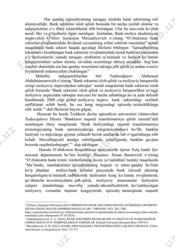 zilari yirik davlat mulkida bo'lsa, boshqalari xususiy sektorda faoliyat yuritiladi.shu o’rinda yana bir tavsiloq malumki mamlakatimiz zamonaviy rivojlanish yulida llg’or jadlik bilan o’sib bormoqda bu uz o’rnida baklar o’rni axamyadlik ekanligidan dalolad beradi. barchaga ma’lumki, 2020-2025 yillarga mo‘ljallangan o‘zbekiston respublikasining bank tizimini isloh qilish strategiyasi, o‘zbekiston respublikasi bank tizimini isloh qilish bo‘yicha“yo‘l xaritasi” hamda strategiyani amalga oshirishning maqsadli ko‘rsatkichlari tasdiqlandi.strategiyada bank tizimida hozirgi kunda saqlanib qolayotgan muammo va dolzarb masalalargaalohida e’tibor qaratilib, xususan: 2020 yil 24 yanvarda o‘zbekiston respublikasi prezidentining oliy majlisga qilgan murojaatnomasida moliya bozorlari, jumladan, fond bozorini rivojlantirish yangi iqtisodiy sharoitda asosiy maqsadlarimizdan biri bo‘lishi kerakligi, shuningdek, kelgusida, xal qaro moliya bozorlarida o‘z mavqeiga, obro‘-e’tiborga ega bo‘lgan rivojlangan mamlakatlarning, xususan, “j.p.morgan”, “citibank”,“deutsche bank”kabi yetakchi xalqaro investitsiya banklari bilan hamkorlikda mamlakatimizda yangi moliyaviy instrumentlarni joriy etish va obligatsiyalar chiqarish orqali, bank xizmatlari ko‘lamini yanada kengaytirish, ilg‘or axborot texnologiyalari asosida bank tizimini rivojlantirish zarurligiga katta e’tibor qaratildi[1]. bundan tashqari, banklar …