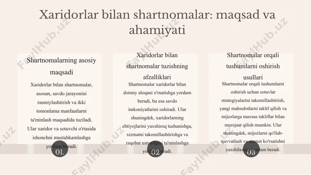 lar orqali raqobatbardosh bo'lishdir. shartnomalar mhxs da muhim rol o'ynaydi, xaridorlar va yetkazib beruvchilar o'rtasida manfaatli kelishuvlar amalga oshiriladi. muvaffaqiyatli shartnomalar orqali mhxs maqsadlariga erishish mumkin. natijalar xaridorlarning qoniqishi va raqobatni oshiradi. photo by georgi kalaydzhiev on unsplash 1 2 3 xulosa shartnomalar va tushumlar shartnomalar xaridorlar bilan aloqani kuchaytiradi va tushumlarni oshirishga xizmat qiladi. mhxsning roli mhxs tushumlarni boshqarishda muhim rol o'ynaydi va uning qo'llash doirasi keng. tushumlarni boshqarish strategiyalari shartnomalar orqali muvaffaqiyatga erishish uchun strategiyalar ishlab chiqilgan. 01. 02. 03. foydalanilgan adabiyotlar 1. yusupov, abdurauf. xaridorlar bilan shartnomalar: maqsad va ahamiyati. tashkent state university of economics, 2022. 2. rahimov, dilmurod. tushumlarni boshqarish: mhxs ning qo'llash doirasi. journal of business research, 2023. 3. qodirov, shokir. shartnomalar orqali muvaffaqiyatga erishish strategiyalari. uzbek journal of business studies, 2021. 4. saidov, anvar. mhxs maqsadi va qo'llash doirasi: yangi yondashuvlar. proceedings of the international conference on management, 2023. 5. murodov, abror. tushumlarni boshqarishning …