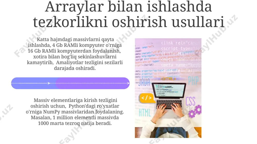 nd qtr 100 0 arraylarni shaklini o'zgartirish (reshape) python'ning `reshape()` funksiyasi yordamida 3x4 o'lchamli massivni 12 elementli bir qatorli massivga yoki 2x6 o'lchamli massivga osongina o'zgartirishingiz mumkin, bu esa ma'lumotlarni qayta ishlashda moslashuvchanlikni ta'minlaydi. masalan, 12 ta raqamdan iborat massivni, tokiodagi 2x6 matritsaga o'zgartirish mumkin. `reshape()` funksiyasi massiv elementlarini satr bo'yicha tartibda joylashtiradi. agar siz 4x3 o'lchamli massivni 12x1 o'lchamli massivga o'zgartirsangiz, massivning birinchi satri yangi massivning birinchi 3 elementi bo'ladi, keyin ikkinchi satr va hokazo python'da arraylarni yaratish usullari python da listlardan foydalanib, 10 ta elementli raqamlar massivini yaratish mumkin, masalan, [1, 2, 3, ..., 10] yoki numpy kutubxonasi yordamida, toshkentdagi ma'lumotlarni saqlash uchun 32 bitli butun sonlar massivini yaratish mumkin. numpy kutubxonasining `arange()` funksiyasi yordamida 0 dan 100 gacha bo'lgan 11 ta elementdan iborat, har bir elementi 10 ga teng bo'lgan arifmetik progressiyali massivni yaratish mumkin. bu andijon shahridagi hisob-kitoblar uchun qulay. numpy arraylarini yaratish numpy massivini yaratishning …