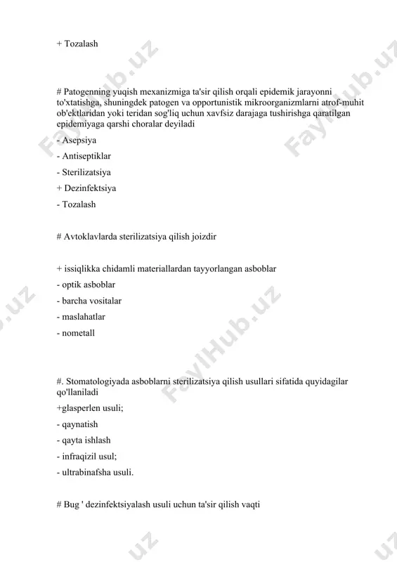 atogen mikroblarni yo'q qilish - barcha javoblar to'g'ri # cso-ga kiradigan vositalar quyidagilar bo'lishi kerak: - ishlatilgandan keyin suv ostida yuvilgan - steril + dezinfektsiya qilingan - yuvilmagan - faqat patogen mikroblarni yo'q qilish # yuvish vositalari: - dezinfektsiyalash vositalari +yuvish vositalari - teri antiseptiklari - xlor o'z ichiga olgan modda - spirtli ichimliklar # vodorod peroksidning detarjan eritmasidagi konsentratsiyasi (%) : +3 -5 -7 -6 -1 # sterilizatsiya oldidan davolashda 27,5% perhidrol yordamida 1l yuvish eritmasining tarkibi: -14 ml perhidrol + 2,5 g cmc + 1 litrgacha suv +17 ml perhidrol + 5 g cmc + 1 litrgacha suv -33 ml perhidrol + 5 g cmc + 1 litrgacha suv -39 ml perhidrol + 5 g cmc + 1 litrgacha suv -3 ml perhidrol + 9 g cmc + 1 litrgacha suv # sterilizatsiya oldidan asboblarni qayta ishlashda 1 litr yuvish eritmasini tayyorlash uchun siz 3% vodorod peroksid eritmasini …