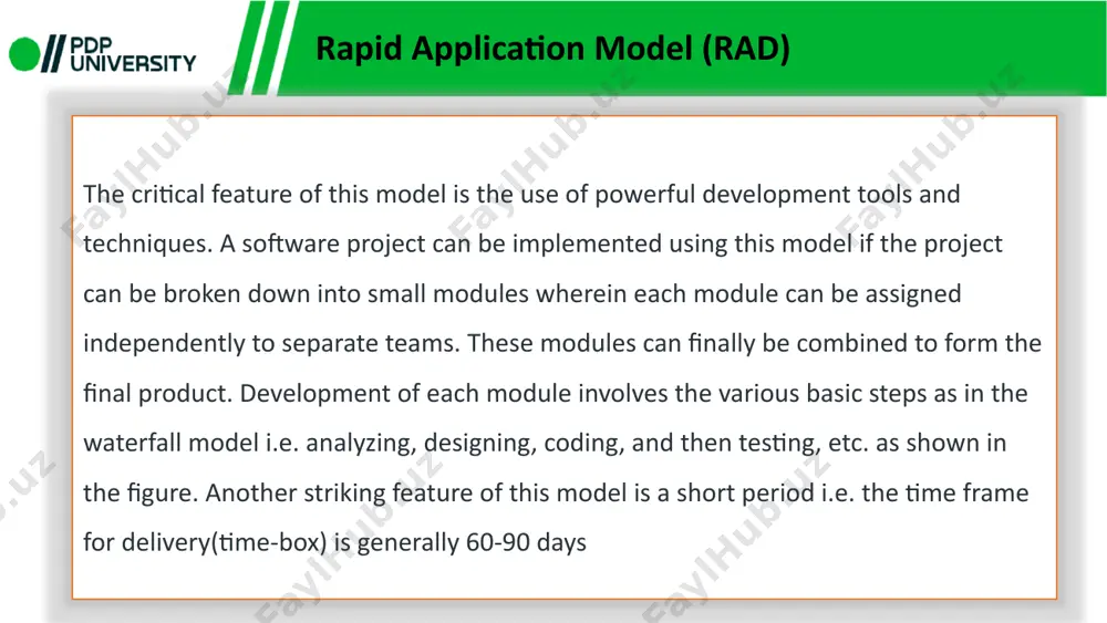 ototyping and iterations to produce a working system as soon as possible. this is especially helpful for projects when deadlines must be met. adaptability and flexibility rad places a strong emphasis on adapting quickly to changing needs. due to the model’s flexibility, stakeholders can modify and improve the system in response to changing requirements and user input. objectives of rapid application development model (rad) stakeholder participation throughout the development cycle, rad promotes end users and stakeholders’ active participation. collaboration and frequent feedback make it possible to make sure that the changing system satisfies both user and corporate needs. improved interaction development teams and stakeholders may collaborate and communicate more effectively thanks to rad. frequent communication and feedback loops guarantee that all project participants are in agreement, which lowers the possibility of misunderstandings. objectives of rapid application development model (rad) improved quality via prototyping prototypes enable early system component testing and …