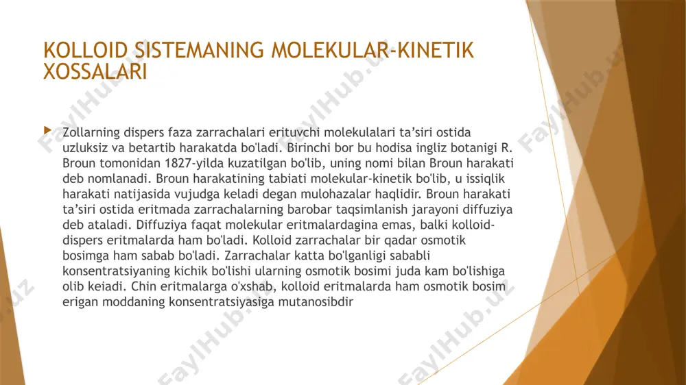 tortilish kuchlari ustun kelib, zarrachalar birikadi. hamma to‘qnashishlar juda kamdan-kam hollardagina zarrachalarning birlashishiga olib keladi, shu sababdan ko‘pgina zollar barkaror bo‘ladi. yirik agregatlar og’irlik kuchi tasirida idish tubiga tusha boshlaydi.sedimentatsiya jarayoni yuz beradi sedimentatsiya tezligi zarrachalarning kattaligi va zichligi, ularning zaryadi, eritmaning yopishqoqligiga va boshqalariga bog’liq.izoelektrik holatdagi zarrachalar tezroq cho’kadi,chunki zaryad ularning koagullanishi va sedimentatasiyasiga to’sqinlik qilinmaydi. jarayonni tezlantirish uchun sentrafugalanish keng foydalaniladi.ularda yuzaga keladigan markazdan qochiruvchi kuch zarrachalarning tezroq cho’kishiga majbur bo’ladi.aylanishlar soni yetarli darajada bo’lganda hatto koagullanmagan zarrachalarni ham cho’ktirish mumkin shulse - gardi qoidasi. zollarning koagullanishiga elektrolitlar ta’sirini o‘rganish natijasida shulse va gardi elektrolitlarning koagullash ta’siri kolloid zarrachalarning zaryadiga teskari bo‘lgan ion zaryadining kattaligiga bog‘liqligini aniqlab berdilar. 260 elektrneytral zarrachalar eng katta tezlik bilan koagullanadi. masalan, koagullanish boshlanishidan oldin musbat zaryadlangan zarracha diffuziya qavatidagi manfiy zaryadlangan qarama-qarshi ionlarning barchasi adsorbsion qavatga ko‘chirilgandagina ana shunday holda bo‘lishi mumkin. qo‘shilgan elektrolitning konsentratsiyasi qanchalik ko‘p bo‘lsa, diffuzion kavat shunchalik qattiq …