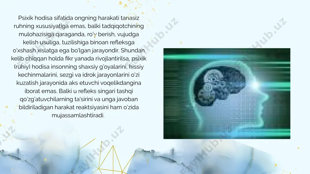 nchi signallar sistemasi bilan bir qatorda ikkinchi signallar sistemasi ham mavjuddir. ikkinchi signallar sistemasining signallari odamlar tomonidan talaffuz etilgan, qabul qilingan, eshitilgan, o’qilgan tushunchalar va so’zlardan ("ikkinchi signallari"dan) tashkil topadi. odatda birinchi signallar sistemasining signallari timsoliy signallar, o’z navbatida so’zlar bilan almashtiriladi, uzatiladi. so’z birinchi signallar sistemasi signallari q’rnini bosishi, umumlashtirishi va ular vujudga keltiradigan jamiki xatti-harakatlarni amalga oshirishi mumkin. signalning kuzatuvchilari bilan ularning miyada so’zlarning mazmuni, mohiyati, ma'nosi tarzida mujassamlashuvini o’zaro tafovutlash maqsadga muvofiq. mabodo so’zning ma'nosi shaxsga tanish bo’lsa, u holda uning xulq-atvorini boshqara oladi, tabiiy yoki ijtimoiy muhitga moslashuvini ta'minlashga yordam ko’rsatadi. agarda so’zning ma'nosi notanish bo’lsa, u odamga faqat birinchi signallar sistemasining signallari tarzida ta'sir o’tkazadi yoinki shaxs uchun mutlaqo qiymatsiz, ahamiyatsiz narsaga aylanib qoladi. yuqoridagi mulohazalardan kelib chiqqan holda psixika ob'ektiv borliqning sub'ektiv obrazining voqelik tarzida miyada aks etishi deb baholash mumkin. e’tiboriz uchun rahmat! image1.png image2.png image3.svg image4.png image5.png image6.png image7.png image8.png image9.png image10.png …
