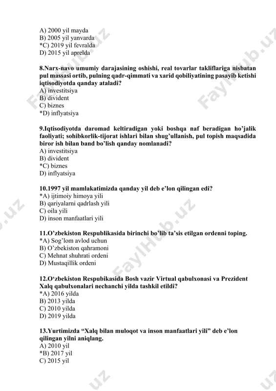 oila yili d) inson manfaatlari yili 11.o’zbekiston respublikasida birinchi bo’lib ta’sis etilgan ordenni toping. *a) sog’lom avlod uchun b) o’zbekiston qahramoni c) mehnat shuhrati ordeni d) mustaqillik ordeni 12.o‘zbekiston respubikasida bosh vazir virtual qabulxonasi va prezident xalq qabulxonalari nechanchi yilda tashkil etildi? *a) 2016 yilda b) 2013 yilda c) 2010 yilda d) 2019 yilda 13.yurtimizda “xalq bilan muloqot va inson manfaatlari yili” deb e’lon qilingan yilni aniqlang. a) 2010 yil *b) 2017 yil c) 2015 yil d) 2013 yil 14.prezidentimiz sh.mirziyoyev bmt bosh assambleyasining 75 yillik videokonferensiyasida qachon nutq so‘zlagan edi? *a) 2020 yil 23 sentabr kuni b) 2016 yil 3 dekabr kuni c) 2019 yil 33 mart kuni d) 2018 yil 15 may kuni 15.prezident qarori bilan o’zbekiston respublikasi ekologiya va atrof-muhitni muhofaza qilish davlat qo‘mitasi qachon tashkil etildi? *a) 2017 yil 21 aprelda b) 2015 yil 1 mayda c) 2001 yil 16 martda d) 1997 yil 12 dekabrda …
