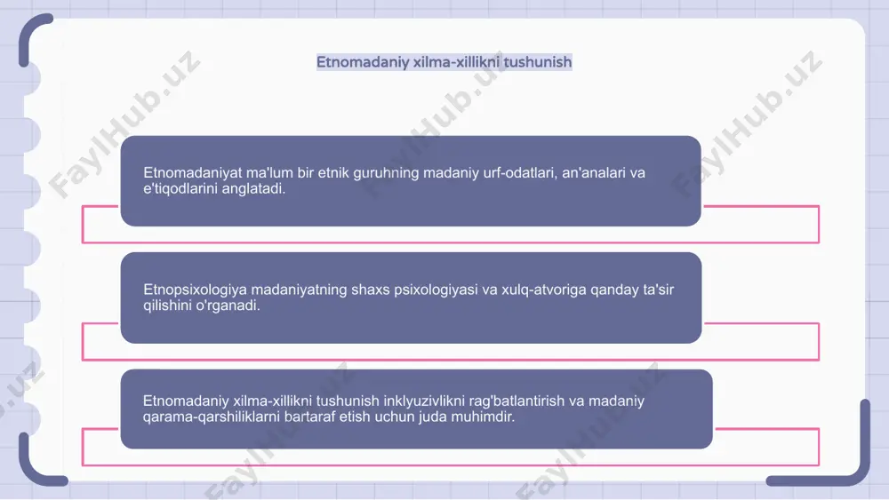 tlararo muloqotni o'rganish etnomadaniyat va etnopsixologiya madaniyat va psixologiyaning oʻzaro taʼsirini oʻrganuvchi fanlardir. ular madaniy omillar shaxsning xatti-harakati, idroki va hissiyotlarini qanday shakllantirishini tushunishga qaratilgan. madaniyatlararo muloqot bu sohalarda asosiy tushunchadir, chunki u turli madaniyatlarga mansub odamlar qanday qilib samarali ma'lumot va ma'no almashishi mumkinligini o'rganadi. shaxs rivojlanishining etnikmadaniy omillari etnomadaniyat shaxsning shaxsini shakllantirishda hal qiluvchi rol o'ynaydi. madaniy guruhning e'tiqodlari, qadriyatlari va amaliyoti ularning shaxsiy xususiyatlariga ta'sir qiladi. etnopsixologiya madaniyatning psixologiyaga qanday ta'sir qilishini va u shaxsning xatti-harakati va idrokini qanday shakllantirishini o'rganadi. etnik ozchiliklar tajribasi va ruhiy farovonlik etnik ozchiliklar tajribasi va ruhiy farovonligini tushunishda etnomadaniyat va etnopsixologiya muhim rol o'ynaydi. madaniyat va psixologiyaning ozchiliklarning ruhiy salomatligiga ta'sirini o'rganish orqali biz ularning o'ziga xos ehtiyojlari va muammolarini hal qilishimiz mumkin. etnomadaniyatning ruhiy farovonlikka ta'sirini tushunish madaniy jihatdan sezgir aralashuvlar va qo'llab-quvvatlash tizimlarini rivojlantirishga yordam beradi. 1 2 3 etnomadaniy o'ziga xoslik va o'ziga xoslikni rivojlantirish etnomadaniyat deganda ma'lum …