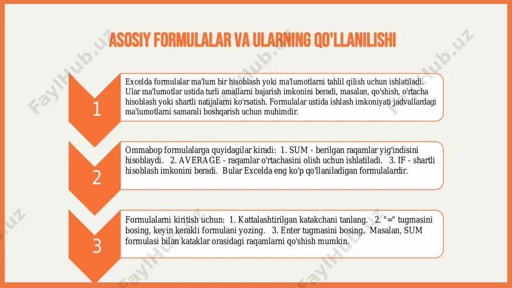 ekiston respublikasi iqtisodiyot va sanoat vazirligi, 2023 5. karimov, b. excel dasturida ma'lumotlarni tahlil qilish usullari. o'zbekiston respublikasi it akademiyasi, 2021 e'tiboringiz uchun rahmat! slide 1: ms excelda elektron jadvallar bilan ishlash slide 2 slide 3: excel funksiyalari va formulalari slide 4: asosiy formulalar va ularning qo'llanilishi slide 5: ma'lumotlar tahlili va vizualizatsiya asoslari slide 6 slide 7 slide 8: jadvalni boshqarish strategiyalari slide 9: xulosa slide 10 slide 11
