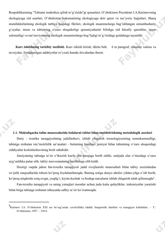 yaga doir qaror va me’yoriy hujjatlari, sharq mutafakkirlarining ekologik tarbiya haqidagi fikrlari, ekologik muammolarga bag’ishlangan umumbashariy g’oyalar, inson va tabiatning o’zaro aloqadorligi qonuniyatlarini bilishga oid falsafiy qarashlar, inson salomatligi va ma’naviyatining ekologik muammolarga bog’liqligi to’g’risidagi qoidalarga tayanildi. kurs ishiishning tarkibiy tuzilishi. kurs ishiish kirish, ikkita bob, 6 ta paragraf, umumiy xulosa va tavsiyalar, foydalanilgan adabiyotlar ro’yxati hamda ilovalardan iborat. 1.1. maktabgacha talim muasssalarida bolalarni tabiat bilan tanishtirishning metodologik asoslari ilmiy - texnika taraqqiyotining jadallashuvi, ishlab chiqarish texnologiyasining nomukammalligi, tabiatga nisbatan iste’molchilik an’analari - bularning barchasi jamiyat bilan tabiatning o’zaro aloqasidagi ziddiyatlar keskinlashuvining bosh sababidir. jamiyatning tabiatga ta’sir o’tkazish kuchi shu darajaga borib etdiki, natijada ular o’rtasidagi o’zaro uyg’unlikka putur etib, tabiiy muvozanatning buzilishiga olib keldi. hozirgi vaqtda jahon fan-texnika taraqqiyoti jadal rivojlanishi munosabati bilan tabiiy zaxiralardan xo’jalik maqsadlarida tobora ko’proq foydalanilmoqda. buning ustiga dunyo aholisi yildan-yilga o’sib borib, ko’proq miqdorda oziq-ovqat, yoqilg’i, kiyim-kechak va boshqa narsalarni ishlab chiqarish talab qilinmoqda …