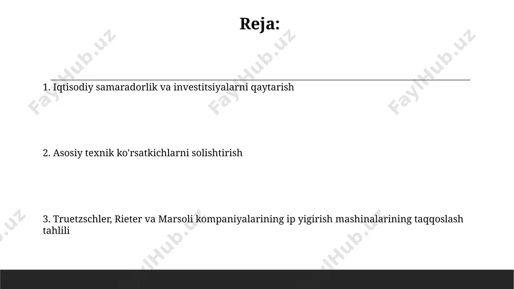 ikni ta’minlaydi. rieter kompaniyasining avtomatlashtirilgan nazorat tizimlari ishlab chiqarish jarayonini 5-7% ga optimallashtirib, xatoliklar sonini kamaytiradi. texnik xususiyatlarning taqqoslashi truetzschlerning spinning mashinalari 350000 ip/min tezlikka ega boʻlsa, rieter mashinalari 320000 ip/min, marsoli esa 300000 ip/min tezlikni taʼminlaydi, bu ish unumdorligida farqni koʻrsatadi. ip sifatining bir xilligi boʻyicha truetzschler 98%, rieter 97%, marsoli esa 95% koʻrsatkichga ega. ushbu farq notoʻgʻri ip hosil boʻlish xavfini aks ettiradi. energetik samaradorlikni taqqoslash ҳар уч компаниянинг машиналарида ҳам энергия тежовчи технологиялар қўлланилса-да, truetzschler машиналари ўртача 5% энергия тежаш имкониятини беради, бу квт/кг кўрсаткичи билан ўлчанади. truetzschler ва rieter тола очиш машиналарининг энергия самарадорлигини таққослашда, rieter машиналари 15% гача камроқ энергия сарфлаши аниқланди, бу эса йиллик ишлаб чиқариш харажатларини камайтиради. bozor ulushini tahlil qilish rieter kompaniyasining bozor ulushi taxminan 28% ni tashkil etadi, bu asosan yuqori sifatli mahsulotlar va texnologiyalarga bo'lgan talab bilan bog'liq. marzoli kompaniyasi esa bozorning qolgan qismini, taxminan 12% ni egallaydi va asosan …