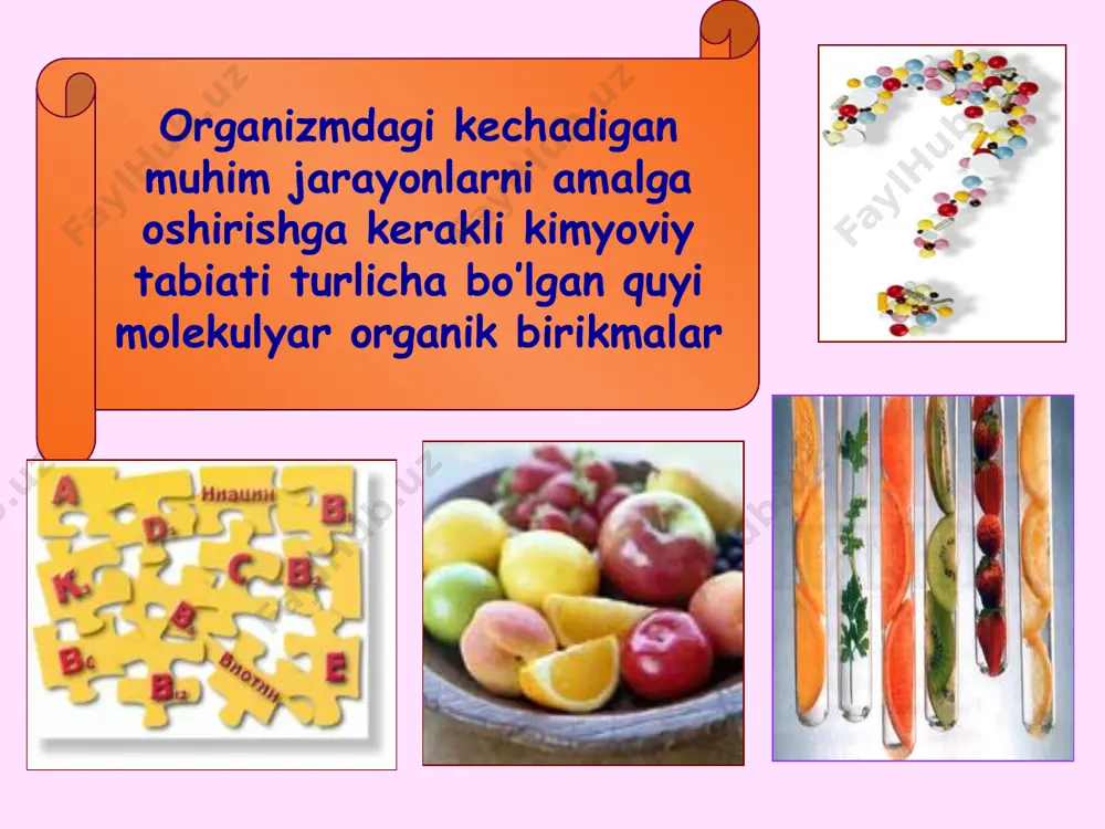 lmashinuvida ishtirok etib, jigar ishini me’yorlashtiradi, reproduktiv sog’likni ta’minlaydi manbalar: sut va sut mahsulotlari, jigar, achitqilar vitamin b12 siankobalamin immunitetni oshiradi qon hosil bo’lishida ishtirok etadi qon bosimini me’yorlashtiradi yetishmovchiligida kamqonlik va nerv to’qimalarining degenerativ o’zgarishlariga olib keladi. manbalar: loviya yog’i, pishloq, ustritsa, achitqilar, tuxum vitamin c askorbin kislotasi infeksiyaga qarshi kurashishda, ko’rish qobiliyatini oshirishda hujayralarning qayta tiklanishida ishtirok etadi. yetishmovchiligida singa(milklar qonashi va shishishi, tishlarning tushishi. behollik, charchoqlik, bosh aylanishi). manbalar: sitrus mevalar, bulg’or qalampiri, qulupnay, sabzi vitamin d kalsiferol fosfor va kalsiy almashinuvida ishtirok etadi. suyaklar o’sishini ta’minlaydi. yetishmovchiligida -raxit (suyaklar deformasiyasi, nerv sistemasining buzilishi, behollik, asabiylashuv) kasalligiga olib keladi. ub nurlar ta’sirida terida hosil bo’ladi. manbalar: tuxum sarig’i, sariyog’, baliq yog’i, baliq ikrasi vitamin e tokoferol organizm nerv sistemasining yaxshilanishiga va hujayralarning tiklanishiga, reproduktiv sog’likni saqlashga yordam beradi manbalar: sut bug’doy endospermi, o’simlik yog’i, salat barglari, go’sht, jigar, sariyog’ vitamin h biotin uyqu, ishtaha, teri va soch …