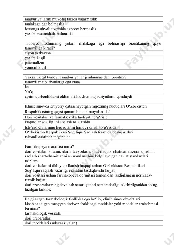 uning muassasalari tarmog‘ini rivojlantirish; fuqarolarning sanitariya-epidemiologiya jihatidan xotirjamligini ta’minlash, profilaktika, sanitariya-gigiyena, epidemiyaga qarshi va tabiatni muhofaza qilish tadbirlarini amalga oshirish; fuqarolarning sog‘liqni saqlash huquqiga oid tog’ri javobni toping? hamma javoblar to’g’ri. o‘zbekiston respublikasi fuqarolari sog‘liqni saqlash borasida daxlsiz huquqqa egadirlar. davlat yoshi, jinsi, irqi, millati, tili, dinga munosabati, ijtimoiy kelib chiqishi, e’tiqodi, shaxsiy va ijtimoiy mavqeidan qat’i nazar fuqarolarning sog‘lig‘i saqlanishini ta’minlaydi. davlat fuqarolarda kasalliklarning har qanday shakllari borligidan qat’i nazar, ularning kamsitishlardan himoya qilinishini kafolatlaydi. ushbu qoidani buzishda aybdor bo‘lgan shaxslar qonunda belgilangan tartibda javobgar bo‘ladilar. voyaga yetmaganlarning huquqlariga mos kelmaydigan javobni toping? protezlar, ortopedik va moslama buyumlar, eshitish apparatlari, harakatlanish vositalari va boshqa maxsus vositalar bilan imtiyozli tarzda ta’minlanish sanitariya-gigiyena ta’limi olish, o‘qish hamda o‘zlarining fiziologik xususiyatlari va sog‘lig‘iga mos sharoitlarda mehnat qilish; kasbga yaroqliligini aniqlash chog‘ida byudjet mablag‘lari hisobidan bepul tibbiy maslahatlar olish; sog‘liqni saqlash vazirligi tomonidan belgilanadigan tartibda dispanser nazoratida bo‘lish hamda bolalar va o‘smirlarning davolash-profilaktika …