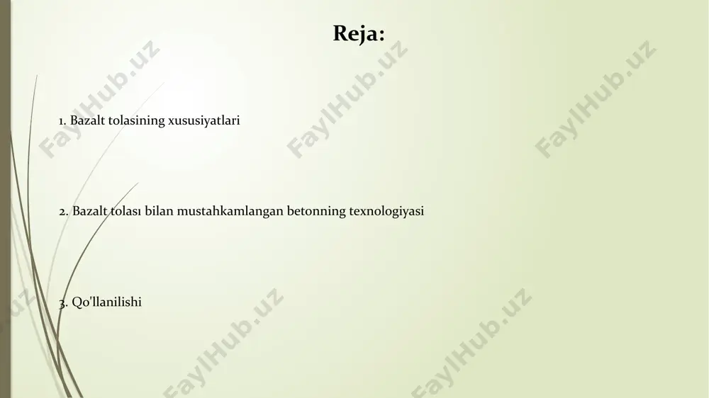 iladi, chunki u zilzilaga chidamlilikni oshiradi va 15 mpa dan yuqori bosimga bardosh beradi. tadqiqotlar va rivojlanish tendentsiyalari barqarorlik tadqiqotlari matritsa optimallashuvi xulosa bazalt tolasidan mustahkamlangan betonning mustahkamligi, po'lat armaturali beton bilan taqqoslaganda, 28 kun ichida 15-20% gacha yuqori bo'lishi mumkin, bu ayniqsa muhim seysmik hududlardagi qurilish uchun afzalroqdir. bazalt tolasidan mustahkamlangan beton gidroizolyatsiya xususiyatlari yaxshilangan bo'lib, namlik o'tkazuvchanligi 2-3 barobar kamaygan, bu suv omborlari va ko'priklar kabi gidrotexnik inshootlar uchun katta afzallik beradi. bazalt tolali betonning tarkibi va aralashtirish usullari bazalt tolali beton tarkibida sement, mayda va yirik agregatlar, suv hamda bazalt tolasi 1-3% hajmida ishlatiladi. optimal aralashmaning suv/sement nisbati 0.4-0.6 oralig'ida bo'lishi tavsiya etiladi. aralashtirish usullari odatda ikki bosqichda amalga oshiriladi: dastlab, agregatlar va sement aralashtiriladi, so'ngra bazalt tolalari asta-sekin qo'shilib, 5-10 daqiqa davomida bir xil massa hosil bo'lguncha aralashtiriladi. bazalt tolasi: xususiyatlari va ishlab chiqarish jarayoni bazalt tolasini ishlab chiqarish jarayoni 1400-1500 °c haroratda bazalt toshini eritishni …