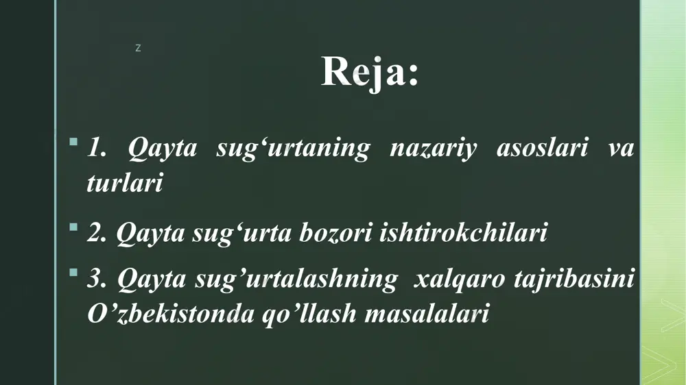 joylashtirish). qayta sug‘urtalash orqali sug‘urtalovchi muvozanatlashgan sug‘urta portfelini yaratish va sug‘urta operatsiyalarini moliyaviy barqarorligini ta’minlash maqsadida qabul qilib olingan riskni bir qismini o‘zaro kelishilgan holda boshqa sug‘urtalovchiga berishi (riskni ikkilamchi joylashtirish). qayta sug‘urtalash operatsiyalari bilan bir qatorda asosan, ixtisoslashgan qayta sug‘urtalash kompaniyalari amalga oshiradi. z z qayta sug‘urtalovchi broker sug‘urta kompaniyasi va qayta sug‘urtalovchi kompaniyasi o‘rtasida vositachi vazifasini o‘taydi. sedent atamasi riskni ikkilamchi joylashtirishni amalga oshiruvchi sug‘urta kompaniyasi. ikkilamchi sedent retrotsedent deb ataladi. sessiya – sug‘urta riskini qayta sug‘urtalashga berish jarayonidir. qayta sug‘urta shartnomasi dastlab tenul shahrida, 1970 yilda, ikki savdogar o‘rtasida tuzilgan. qayta sug‘urta shartnomasining predmetini asosini sug‘urtachining to‘g‘ridan to‘g‘ri sug‘urta shartnomasi asosida qabul qilingan zararni to‘lash riski tashkil qiladi. hozirgi zamon texnikaviy o‘zgarishlar va qayta sug‘urta imkoniyatlarining kengayishi qayta sug‘urta sohasida ham jiddiy o‘zgarishlarga sabab bo‘lmoqda qayta sug‘urtalovchi - sug‘urta brokeri yordamida qayta sug‘urtalash uchun riskni qabul qilib oladigan jismoniy yoki yuridik shaxs. qayta sug‘urtalovchi yordamida riskni ikkilamchi …