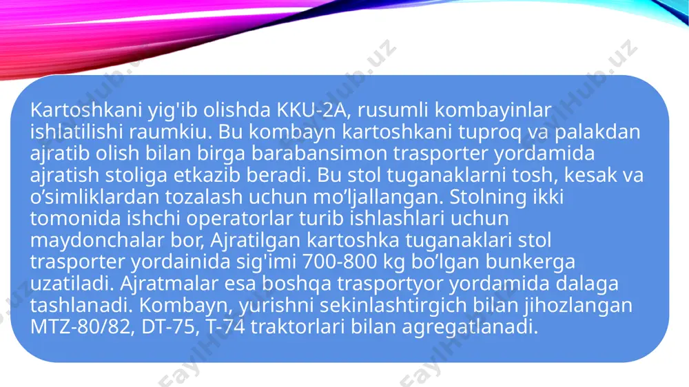 zmat qiladi: 12 kishi ajratishda, 3 kishi qoplashda, 2 kishi ta'minlash bunkerida, 3 kishi mashinaning qolgan qismlariga xizmat qilish bilan band bo’ladi. poliz etishtirish va hosilni yig'ib olishda qator mashinalar ishlatiladi, uruk ekish uchun sbu-2-4a seyalkasi, qator oralariga ishlov berishda kbn-5,4 kultivatori, ekish uchun egat ochish va palakni chekanka qilishda nbch- 5,4 quroli, sug'orish uchun egat ochishda okn-3,6 egat ochgichlar ishlatiiadi. bu mashinalar mtz-80/82, yumz-6al traktorlari bilan agregatlanadi. hosilni saralab yig'ib olishda tshp-25 keng qamrovli transportyor va traktor presepi kabi transport vositalarini ishlatish mumkin. 3. bog' va tokzorlar barpo qilishda tuproqga asosiy ishlov berish uchun ppn-40, ppn-50, ppu-50a rusumli plantaj pluglar yordamida 50-65 sm chuqurlikda shudgor qilinadi. danaklarni ekishda spn-4 rusumli seyalkani t-25a traktori bilan agregatlab ishlatish mumkin. ko’chatlarni kavlab olishda vpn-2 kavlash plugi va nvs-1,2 skobalardan foydalaniladi. ko’chatlarni ekishda mps-1, sshn-3 ko’chat o’tkazgichlardan, katta o’lchamli ko’chatlarni ekish uchun kyau-100, kpyash-60 rusumli o’ra kavlagichlardan foydalaniladi. bog'lar psg-3-zoa, ps-4-30 bog' pluglari …