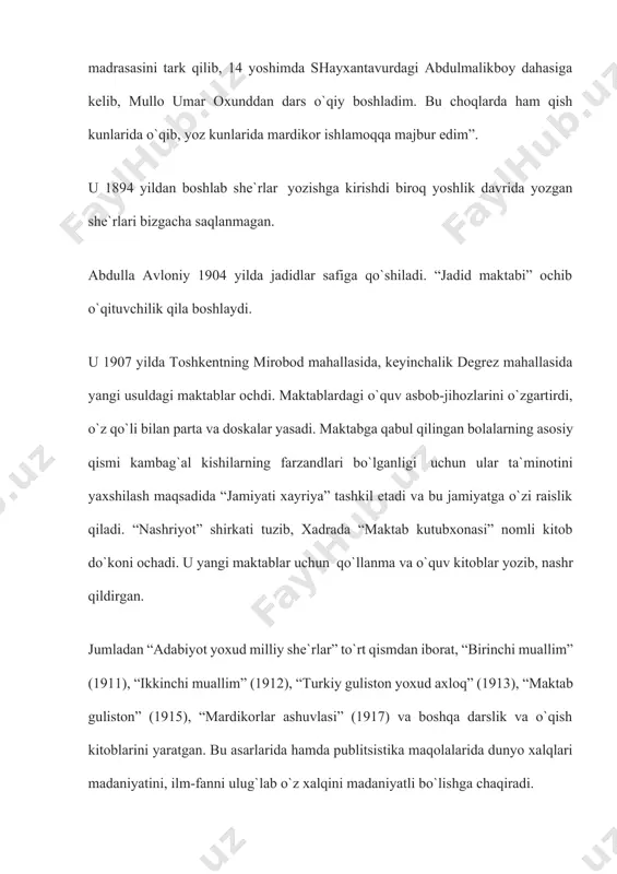 qish kitoblarini yaratgan. bu asarlarida hamda publitsistika maqolalarida dunyo xalqlari madaniyatini, ilm-fanni ulug`lab o`z xalqini madaniyatli bo`lishga chaqiradi. u 1906 yilda “taraqqiy”, “xurshid” gazetalarini chiqargan. keyinchalik 1907 yilda “shuhrат” va “osiyo” nomli yangi gazetalar chiqara boshlagan. qisqa fursatda bu vaqtli nashrlar el orasida dovrug` qozondi. bundan tashvishga tushgan chor amaldorlari ushbu gazetalarni yoptirib qo`yadi. keyinchalik avloniy “sadoyi turkiston”, “turon”, “ishti-rokiyun” gazetalarida, “kasabachilik harakati” jurnalida bosh muharrir bo`lib ishlaydi va shu barobarida o`zbek mat-buotining asoschilaridan biri sifatida xalqqa taniladi. abdulla avloniy o`zbek teatrining asoschilaridan biri edi. u 1913 yilda “turkiston” nomli teatr truppasini tashkil etishda va uning ishida faol qatnashgan. “turkiston” o`zining qat`iy nizomini ham e`lon qilgan edi. uning tashkilotchisi ham, g`oyaviy-badiiy rahbari ham avloniy edi. truppa “zaharli hayot” (hamza), “baxtsiz kuyov” (abdulla qodiriy) kabi xx asr boshlari o`zbek dramaturgiyasining eng yaxshi namunalarini sahnalashtirgan. teatr ozarbayjon va tatar dramaturglari asarlari “badbaxt kelin”, “xo`r-xo`r”, “jaholat”, “o`liklar”, “joy ijaraga olgan kishi”, “man o`lmisham”, …